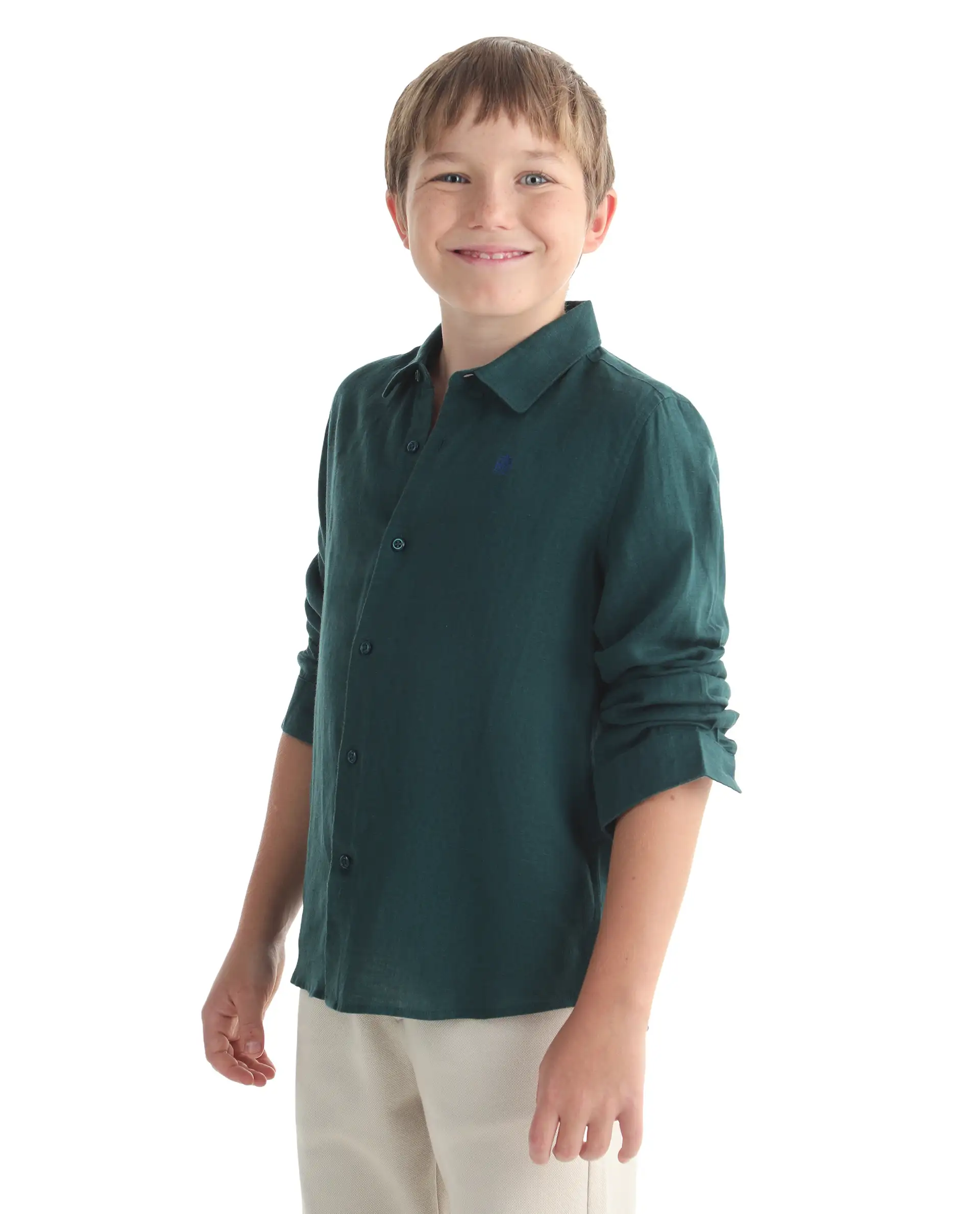Rare Ones Kids Linot-Fs Dark Green Linen Blend Button Closure Regular Fit Shirt - Image 6