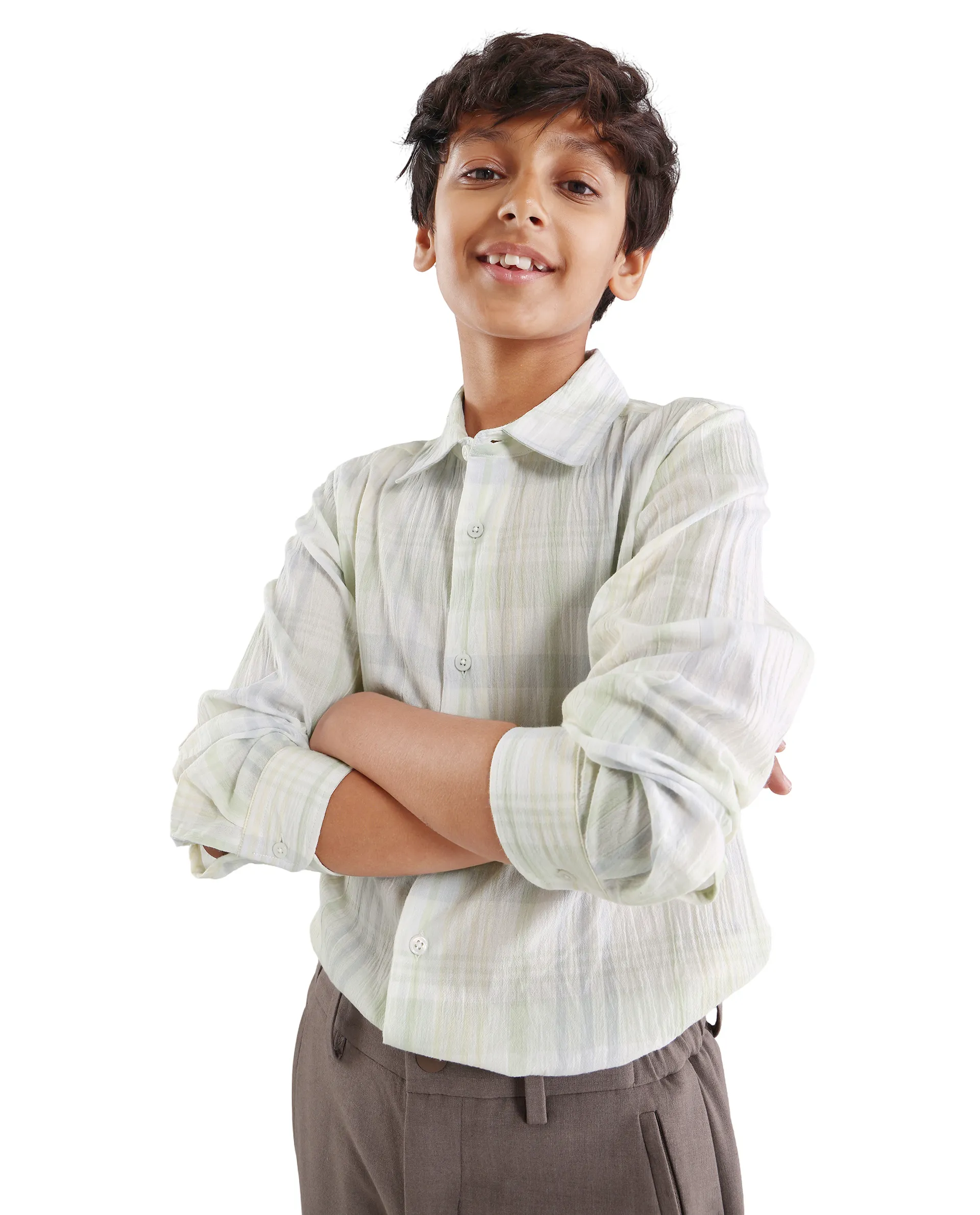 Rare Ones Kids Pinge-26K Pastel Green Cotton Blend Button Closure Regular Fit Shirt