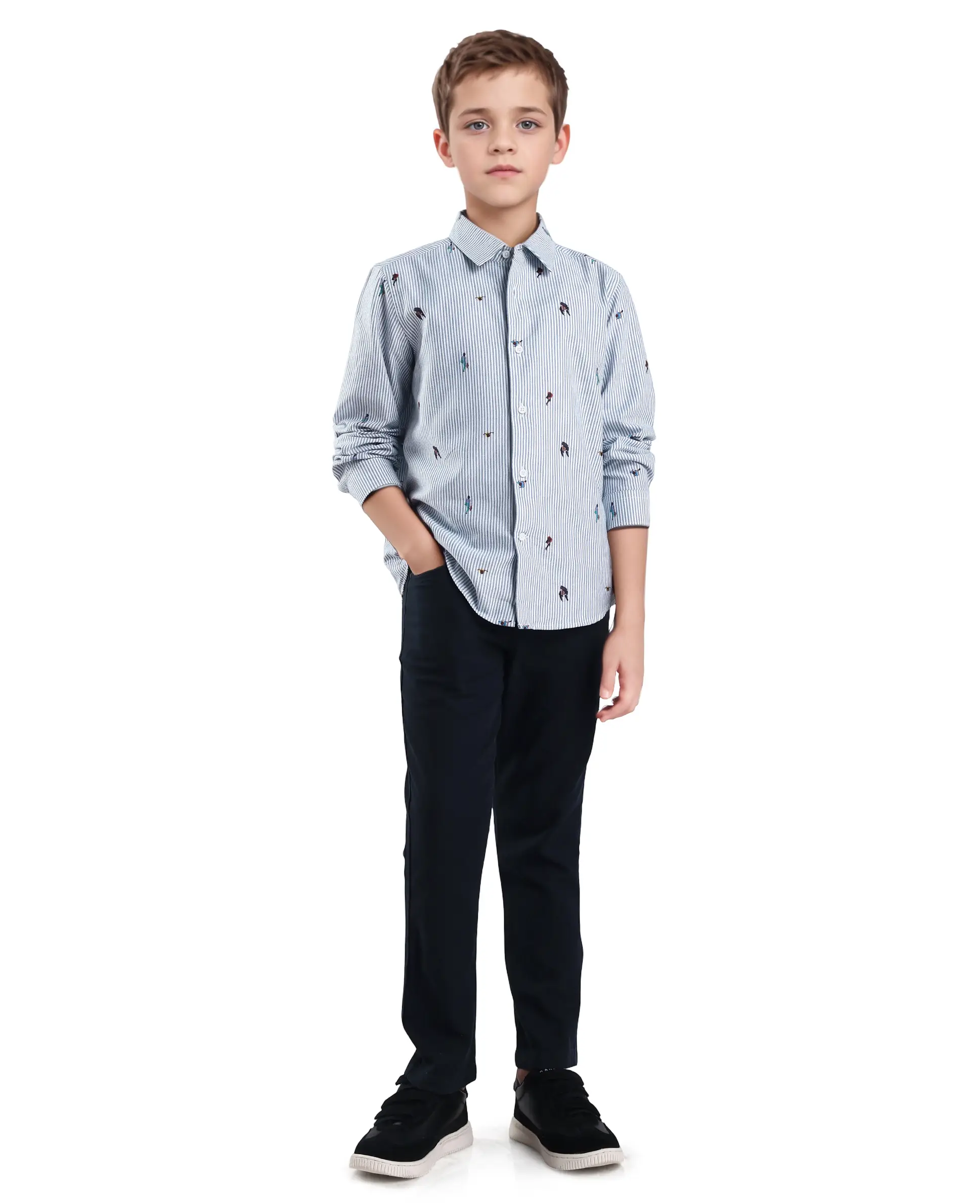 Rare Ones Kids Zeme Blue Cotton Button Closure Spread Collar Printed Full Sleeves Regular Fit Shirt - Image 2
