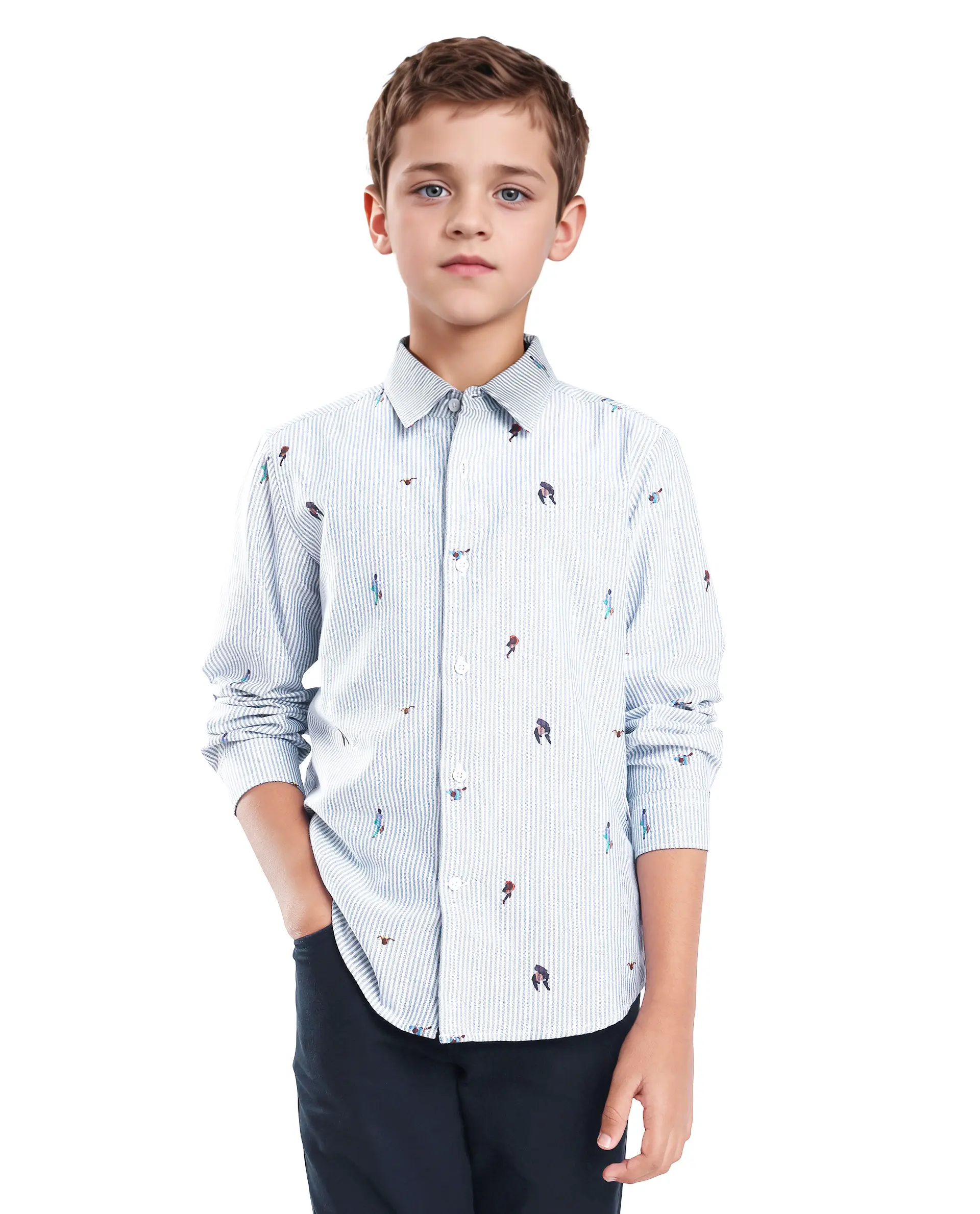 Rare Ones Kids Zeme Blue Cotton Button Closure Spread Collar Printed Full Sleeves Regular Fit Shirt - Image 3