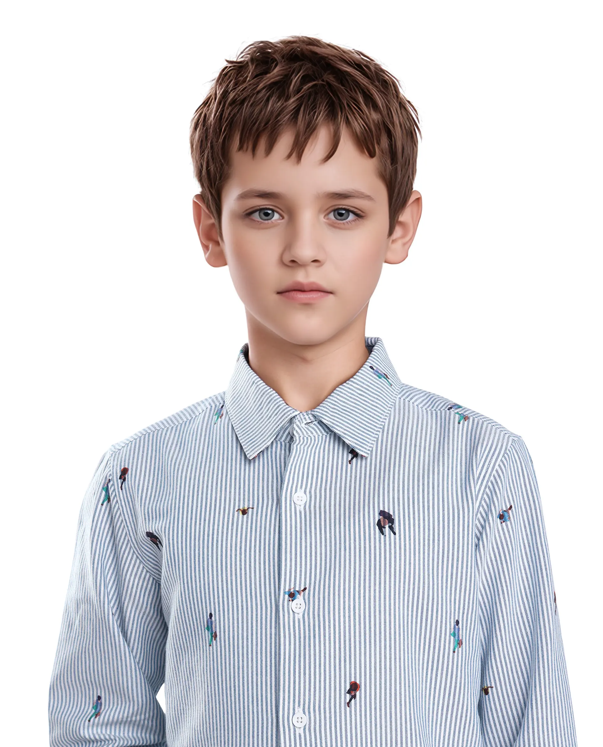 Rare Ones Kids Zeme Blue Cotton Button Closure Spread Collar Printed Full Sleeves Regular Fit Shirt - Image 4