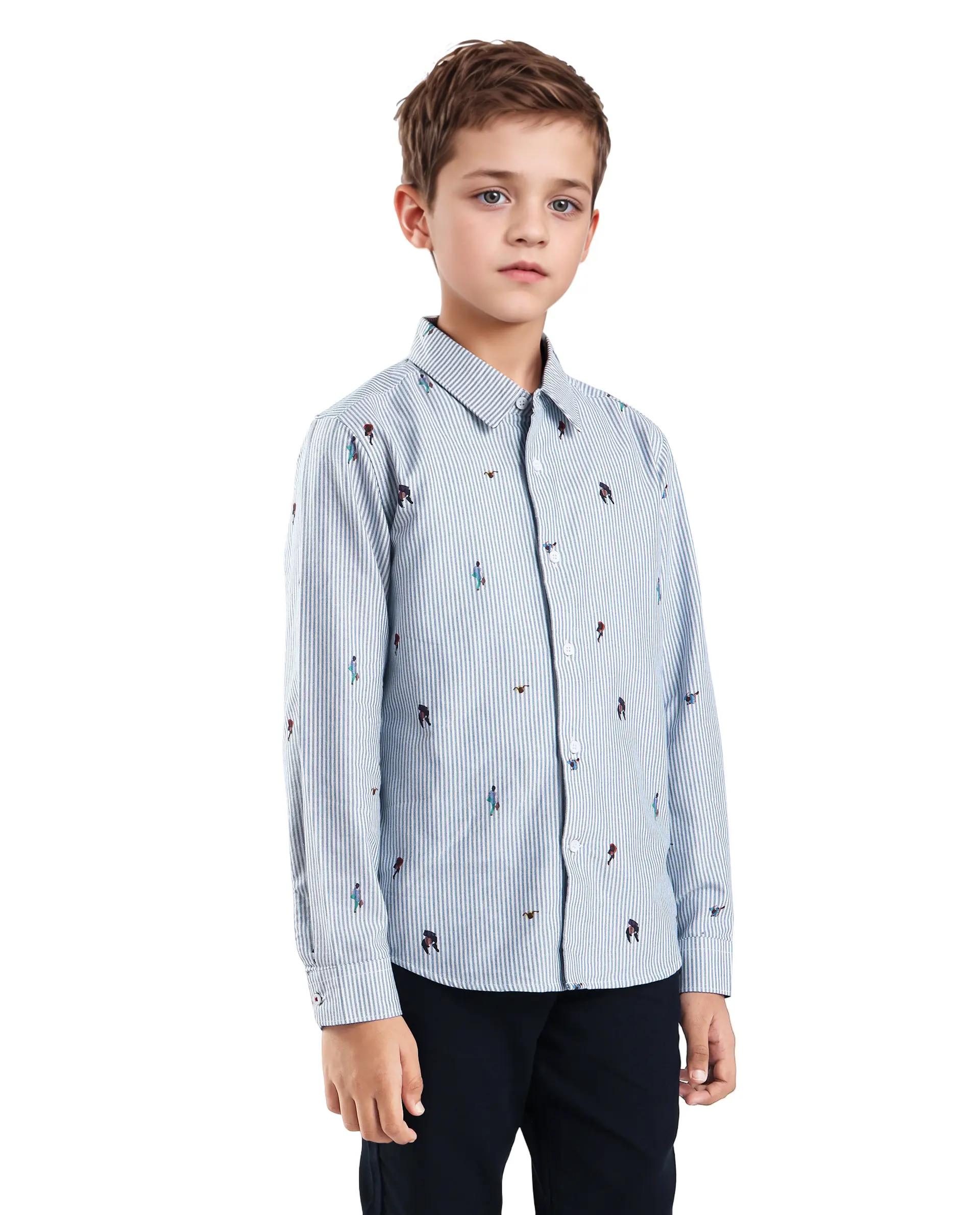 Rare Ones Kids Zeme Blue Cotton Button Closure Spread Collar Printed Full Sleeves Regular Fit Shirt - Image 5