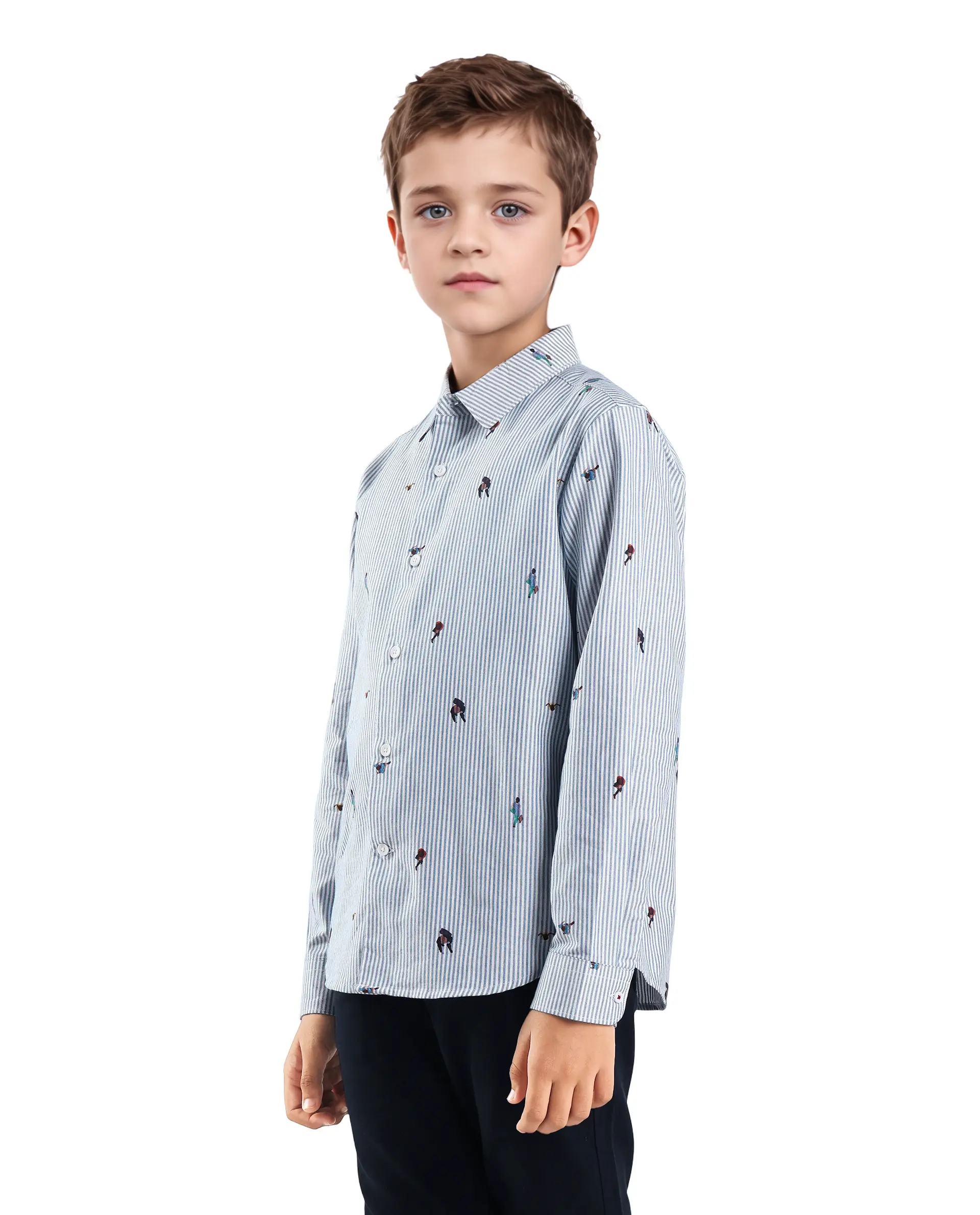 Rare Ones Kids Zeme Blue Cotton Button Closure Spread Collar Printed Full Sleeves Regular Fit Shirt - Image 6