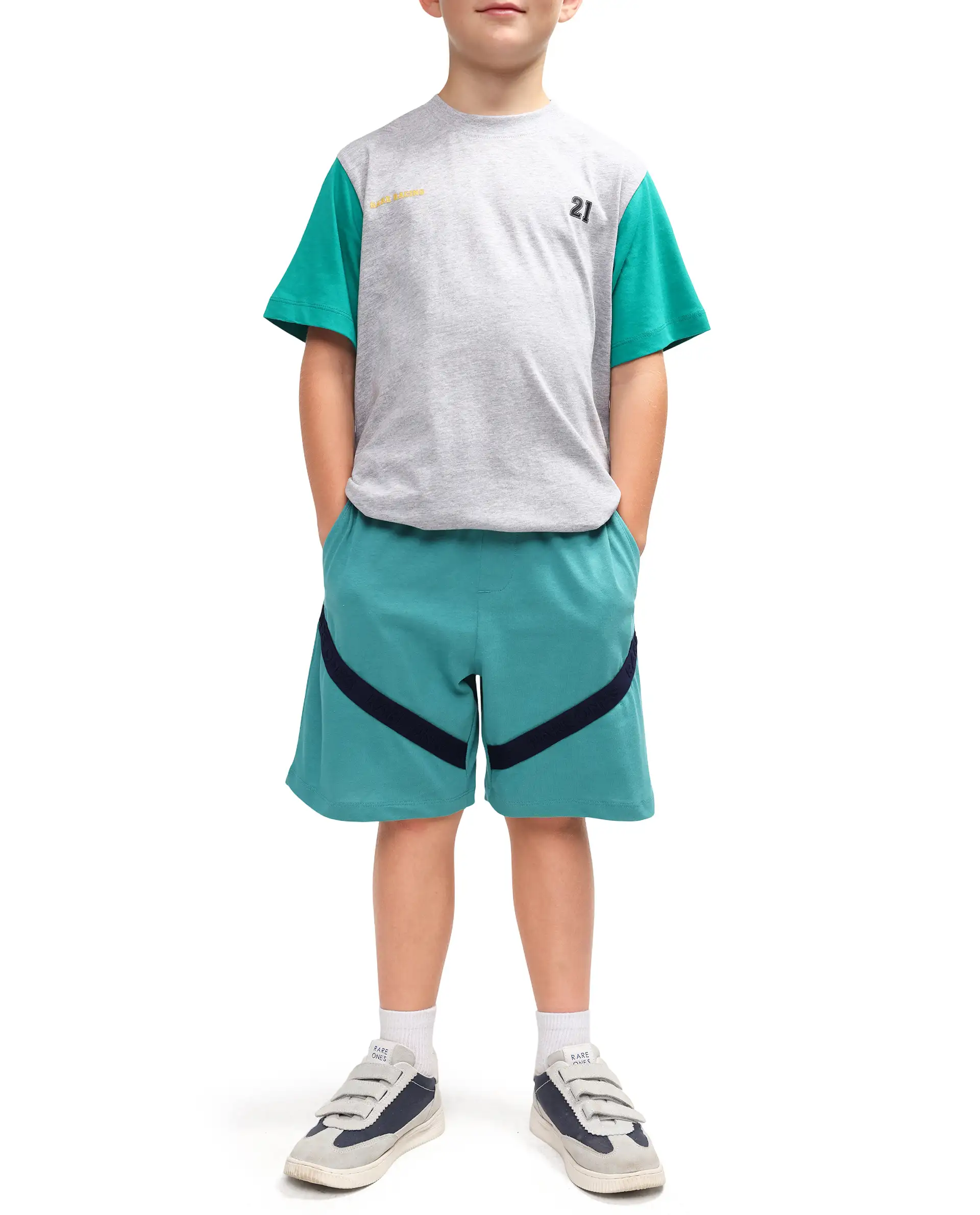 Rare Ones Kids Dream-B Teal Cotton Fabric Drawstring Closure Badge Applique Regular Fit Shorts - Image 6
