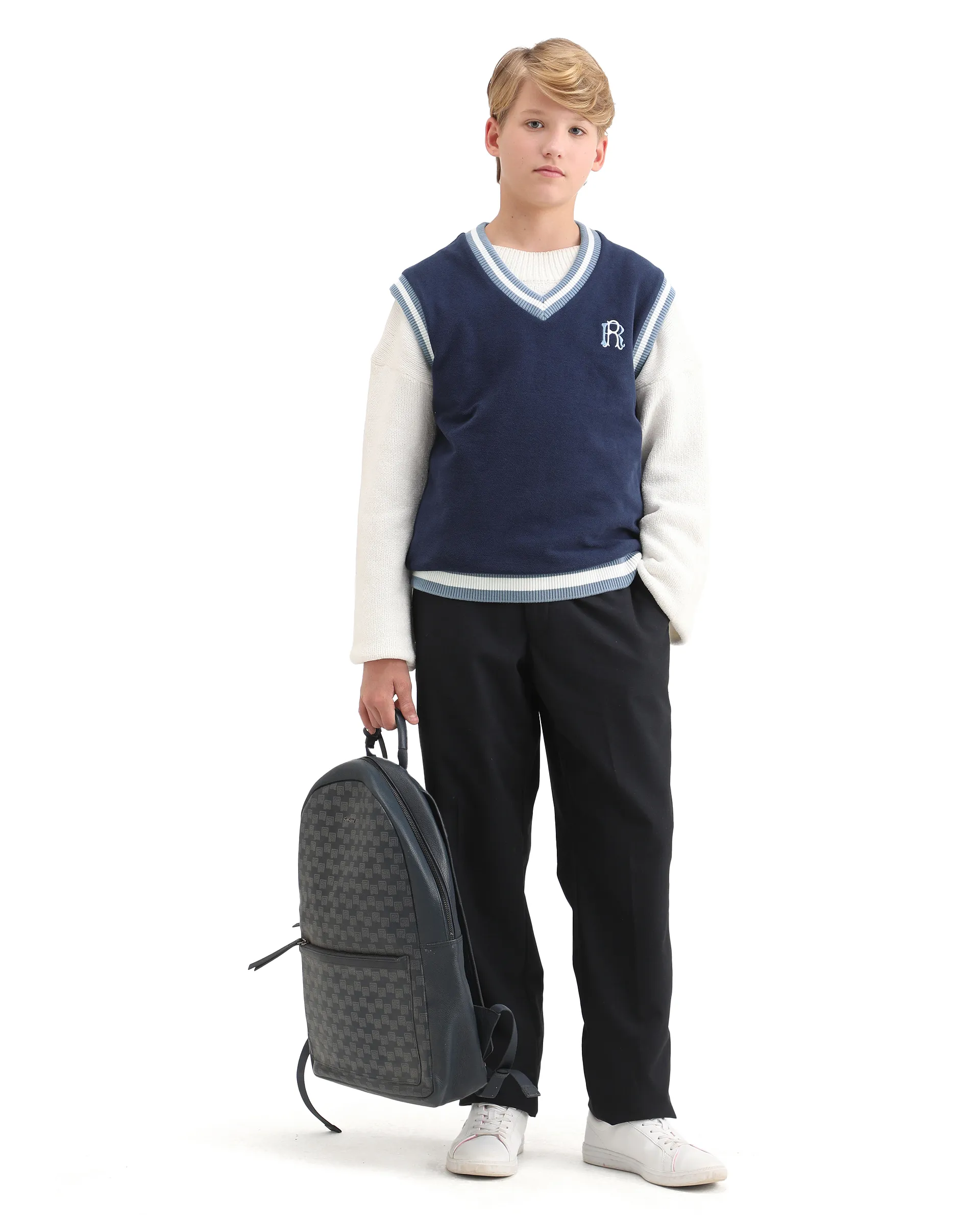 Rare Ones Kids Half Navy Cotton Blend Pull-On Closure Monogram Print Oversized Fit Sweater - Image 2