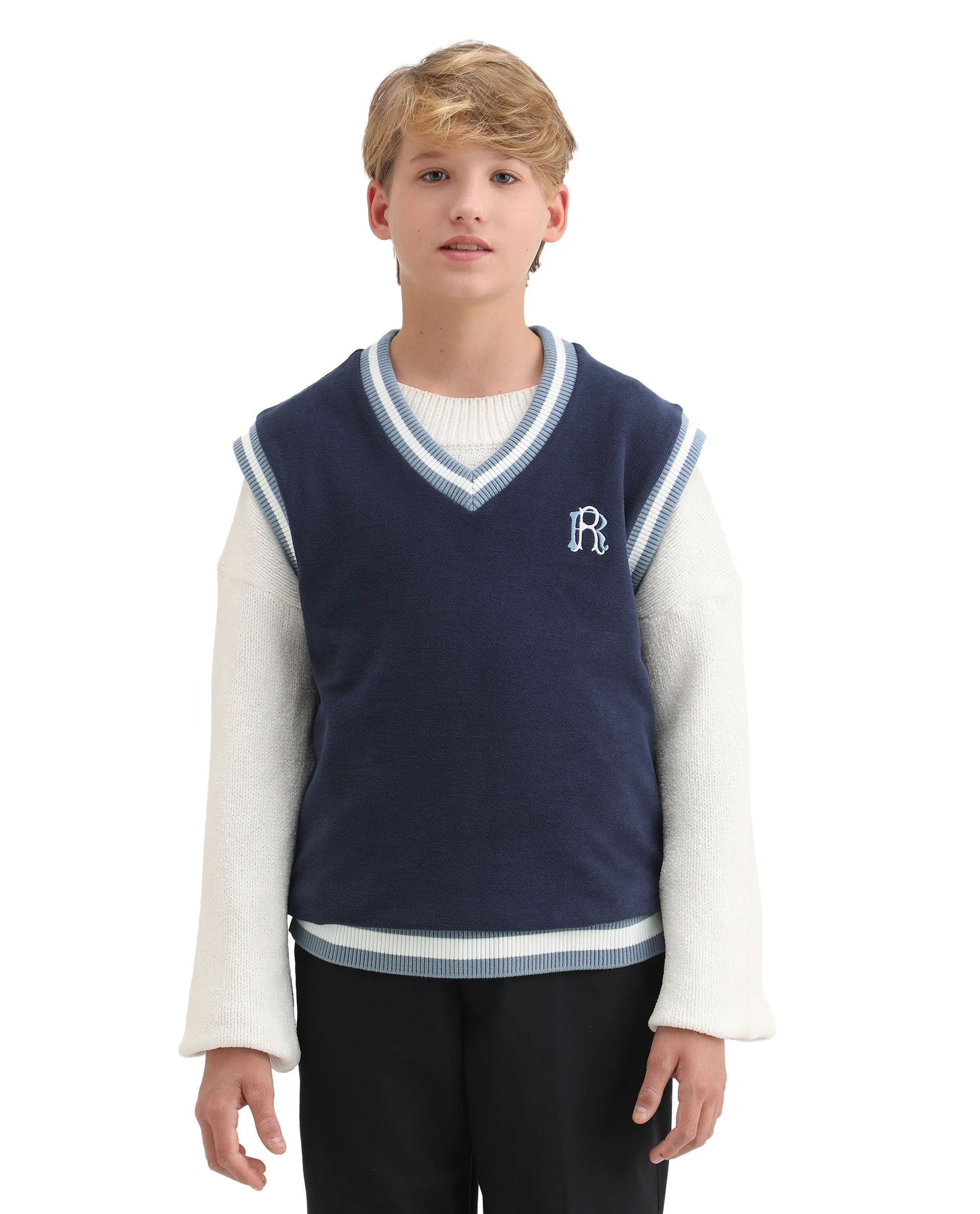 Rare Ones Kids Half Navy Cotton Blend Pull-On Closure Monogram Print Oversized Fit Sweater - Image 5