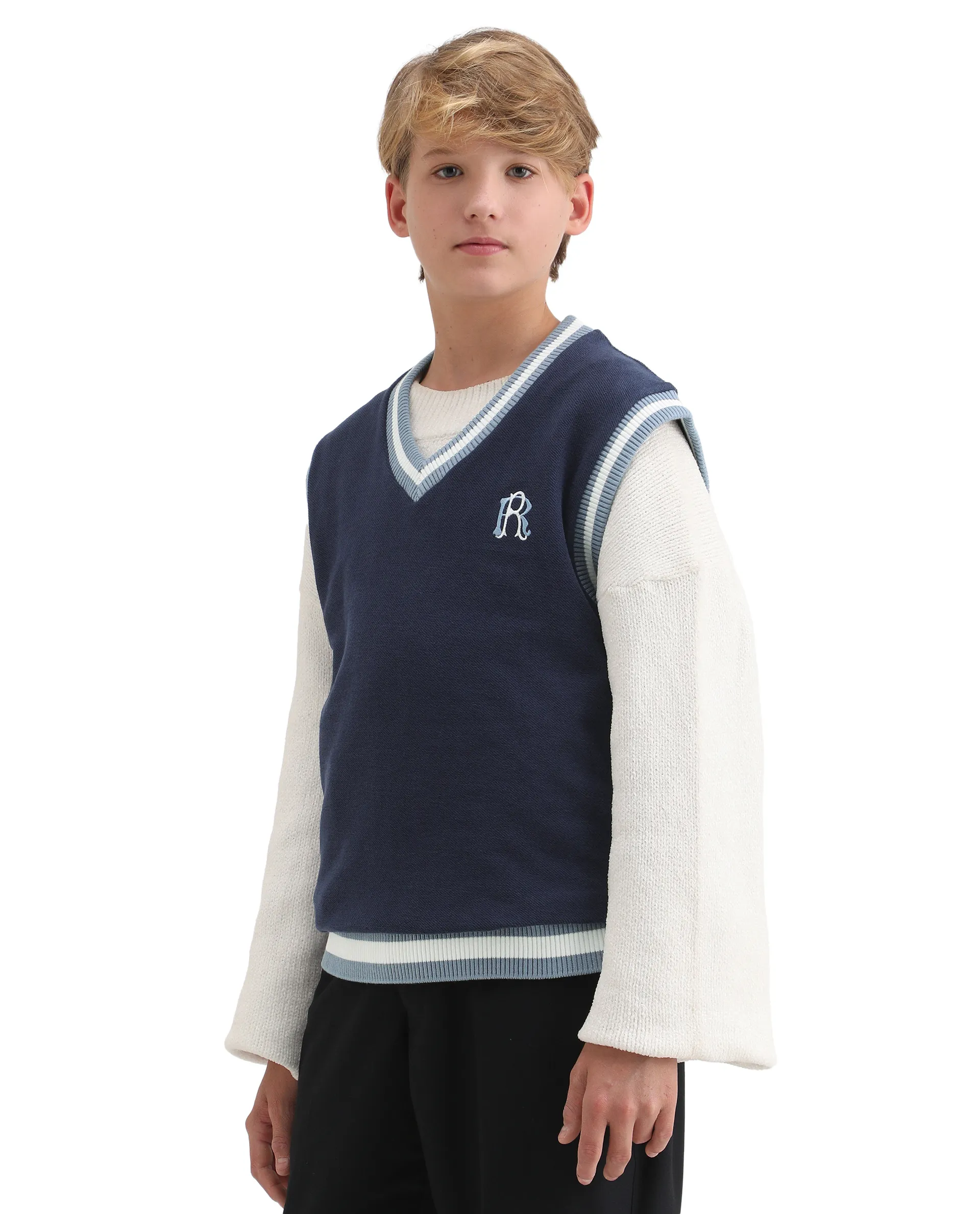 Rare Ones Kids Half Navy Cotton Blend Pull-On Closure Monogram Print Oversized Fit Sweater - Image 6