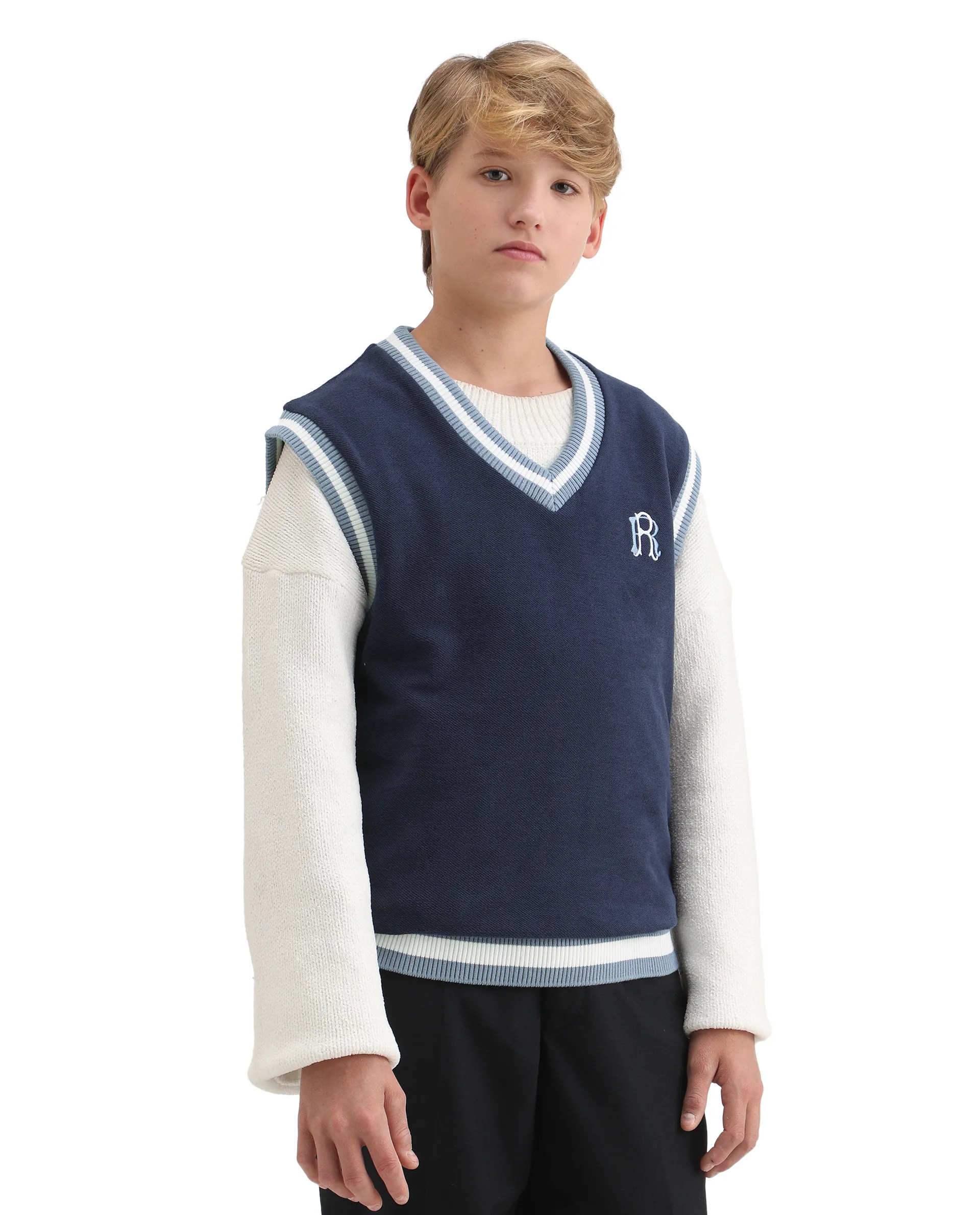 Rare Ones Kids Half Navy Cotton Blend Pull-On Closure Monogram Print Oversized Fit Sweater - Image 7