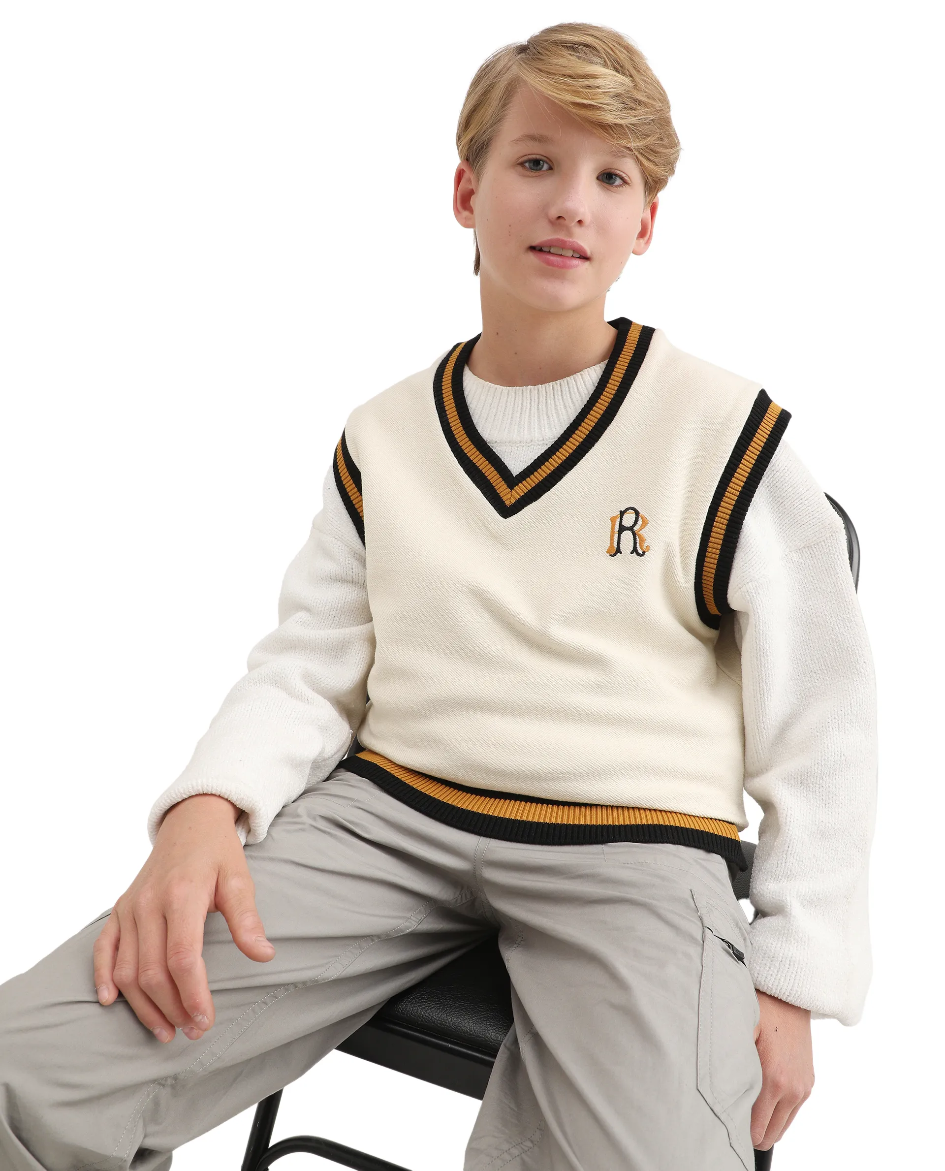 Rare Ones Kids Half Off White Cotton Blend Pull-On Closure Monogram Print Oversized Fit Sweater