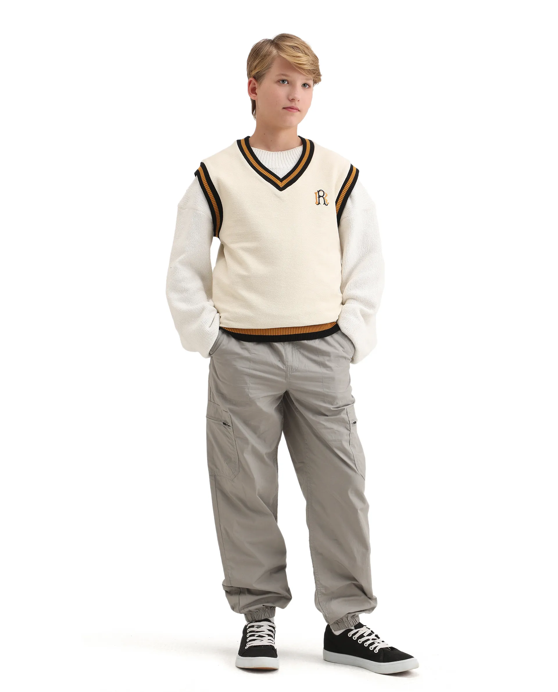 Rare Ones Kids Half Off White Cotton Blend Pull-On Closure Monogram Print Oversized Fit Sweater - Image 2
