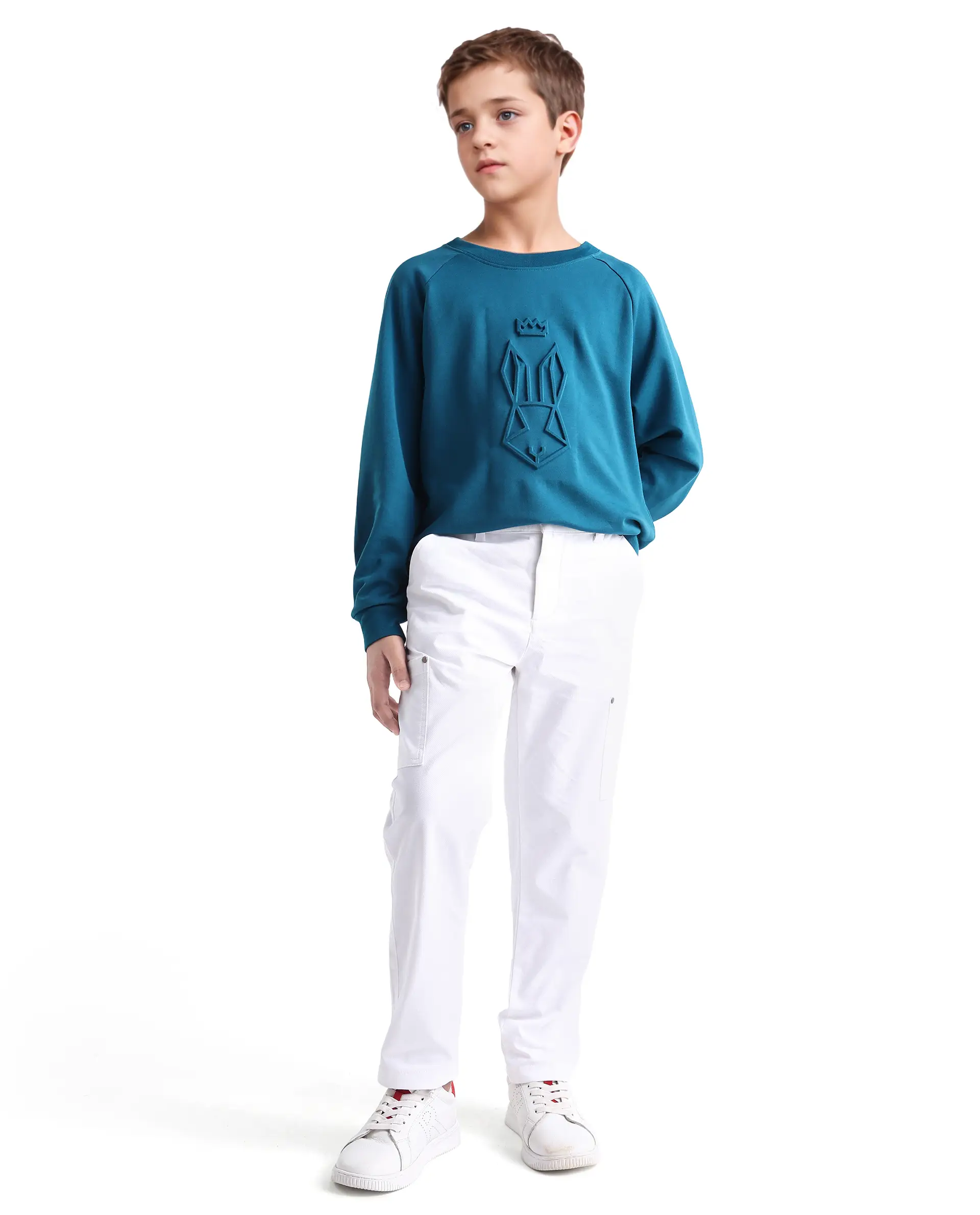 Rare Ones Kids Cadi Teal Cotton Blend Full Sleeves Embossed Oversized Sweatshirt - Image 2