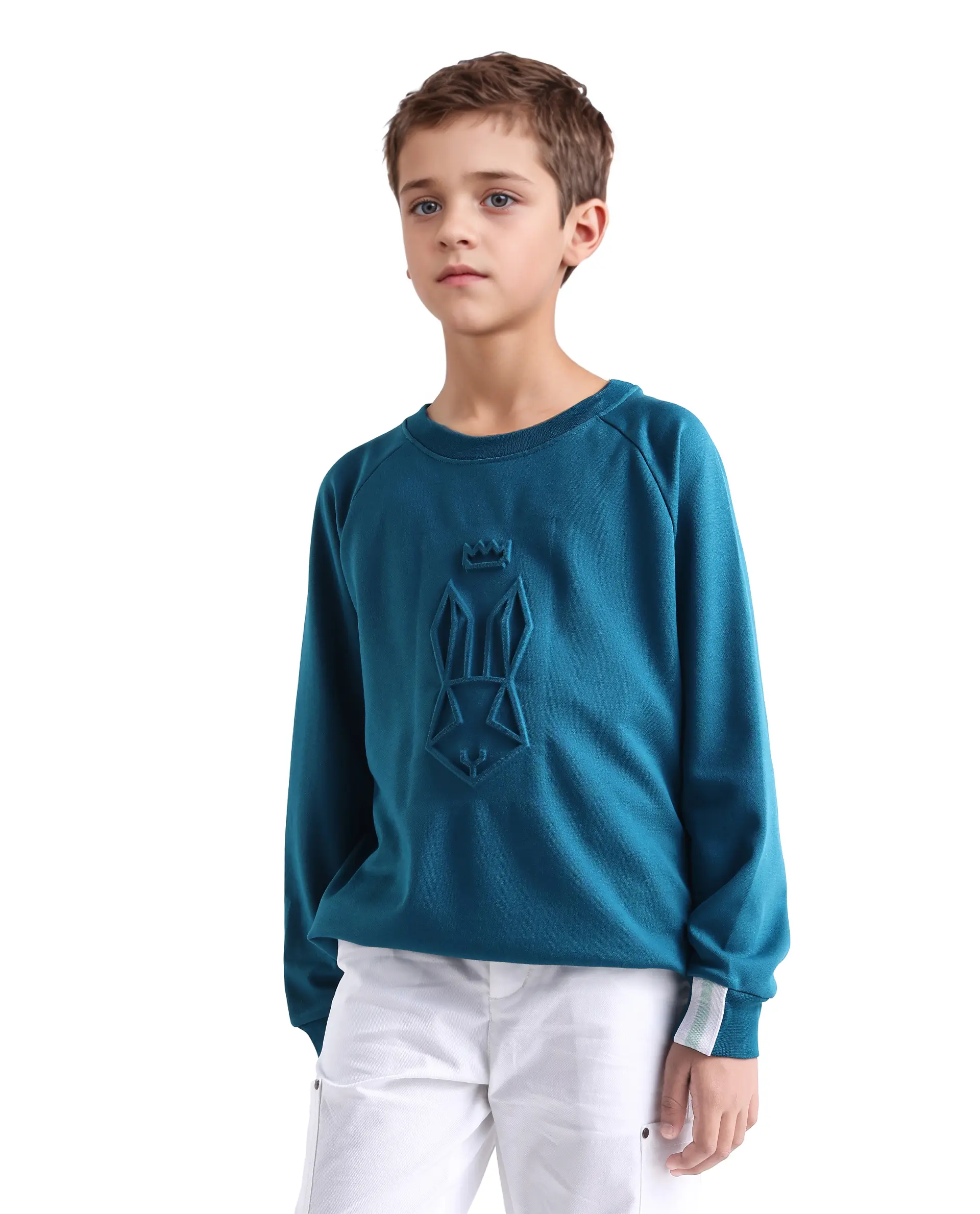 Rare Ones Kids Cadi Teal Cotton Blend Full Sleeves Embossed Oversized Sweatshirt - Image 3