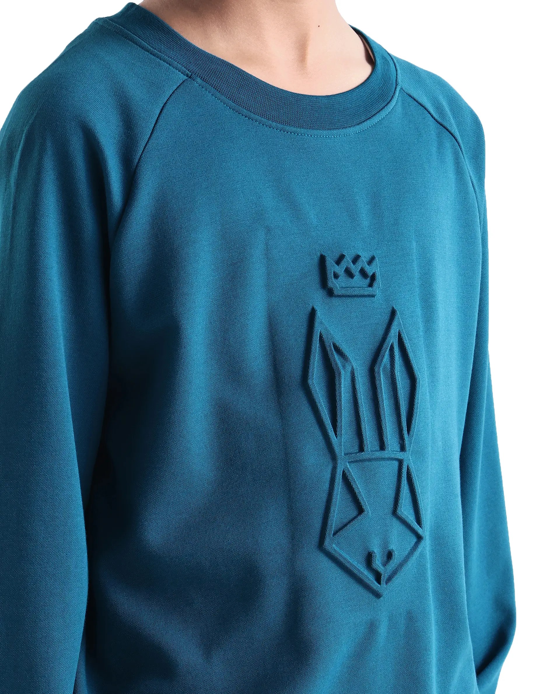Rare Ones Kids Cadi Teal Cotton Blend Full Sleeves Embossed Oversized Sweatshirt - Image 4