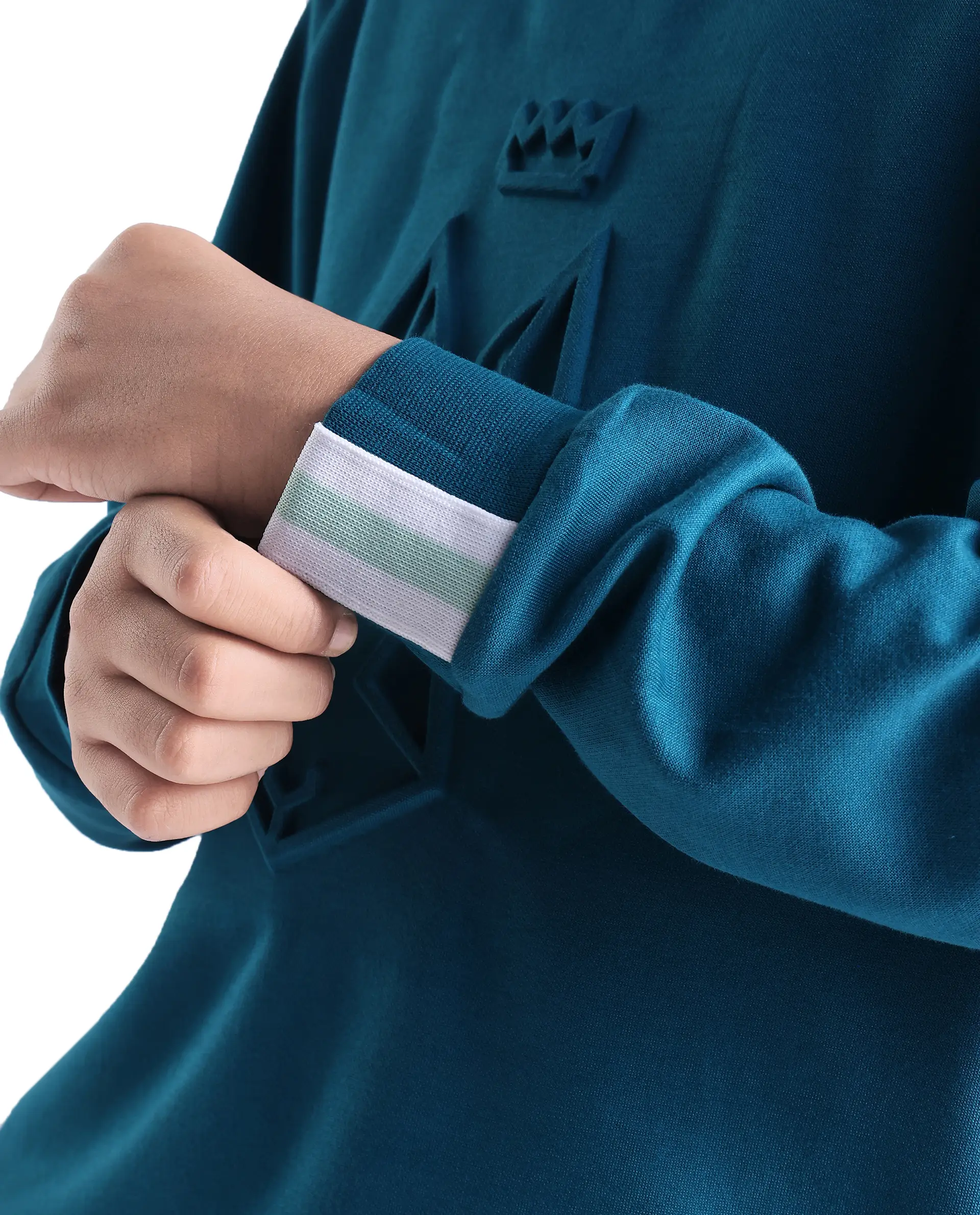 Rare Ones Kids Cadi Teal Cotton Blend Full Sleeves Embossed Oversized Sweatshirt - Image 5