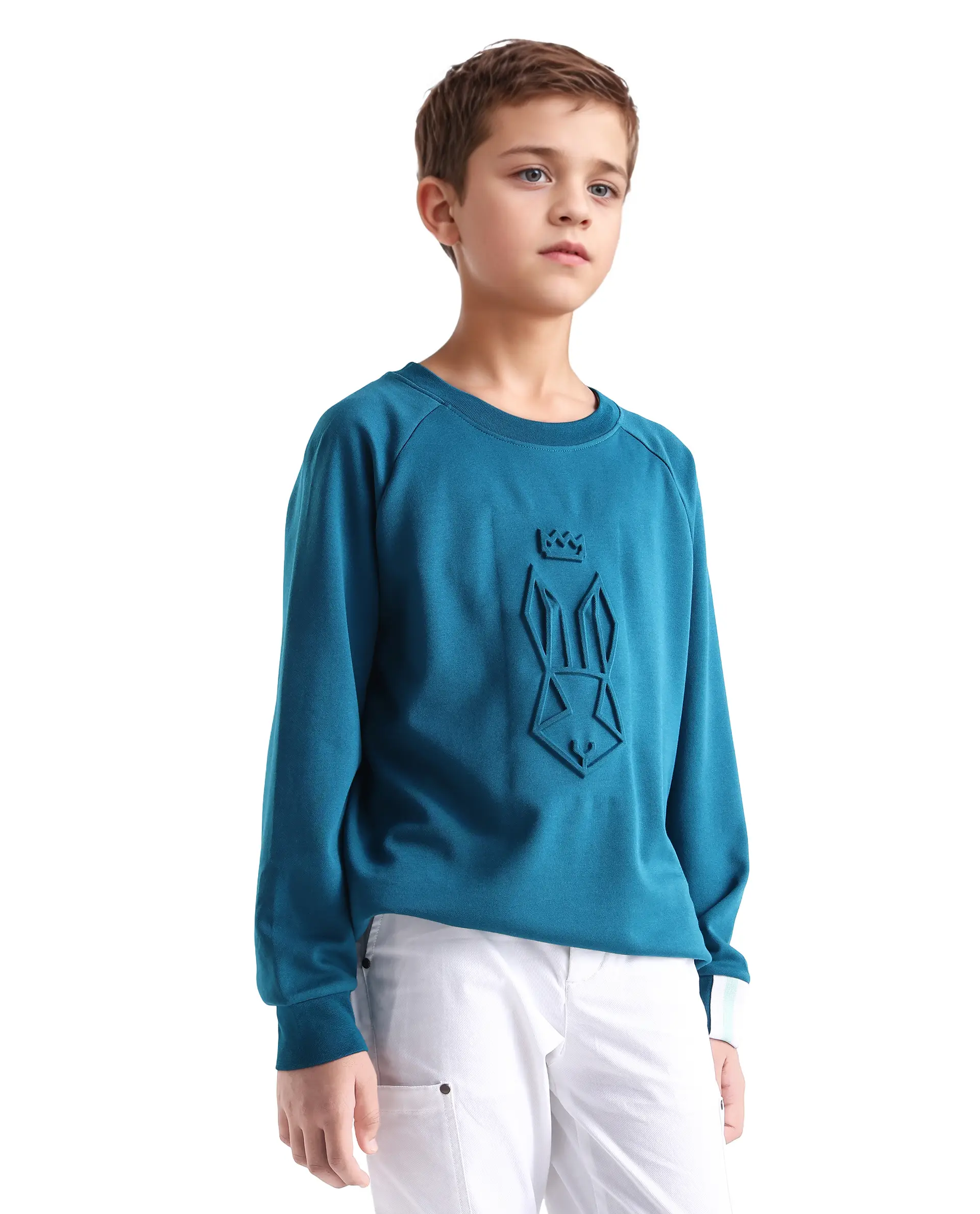 Rare Ones Kids Cadi Teal Cotton Blend Full Sleeves Embossed Oversized Sweatshirt - Image 6