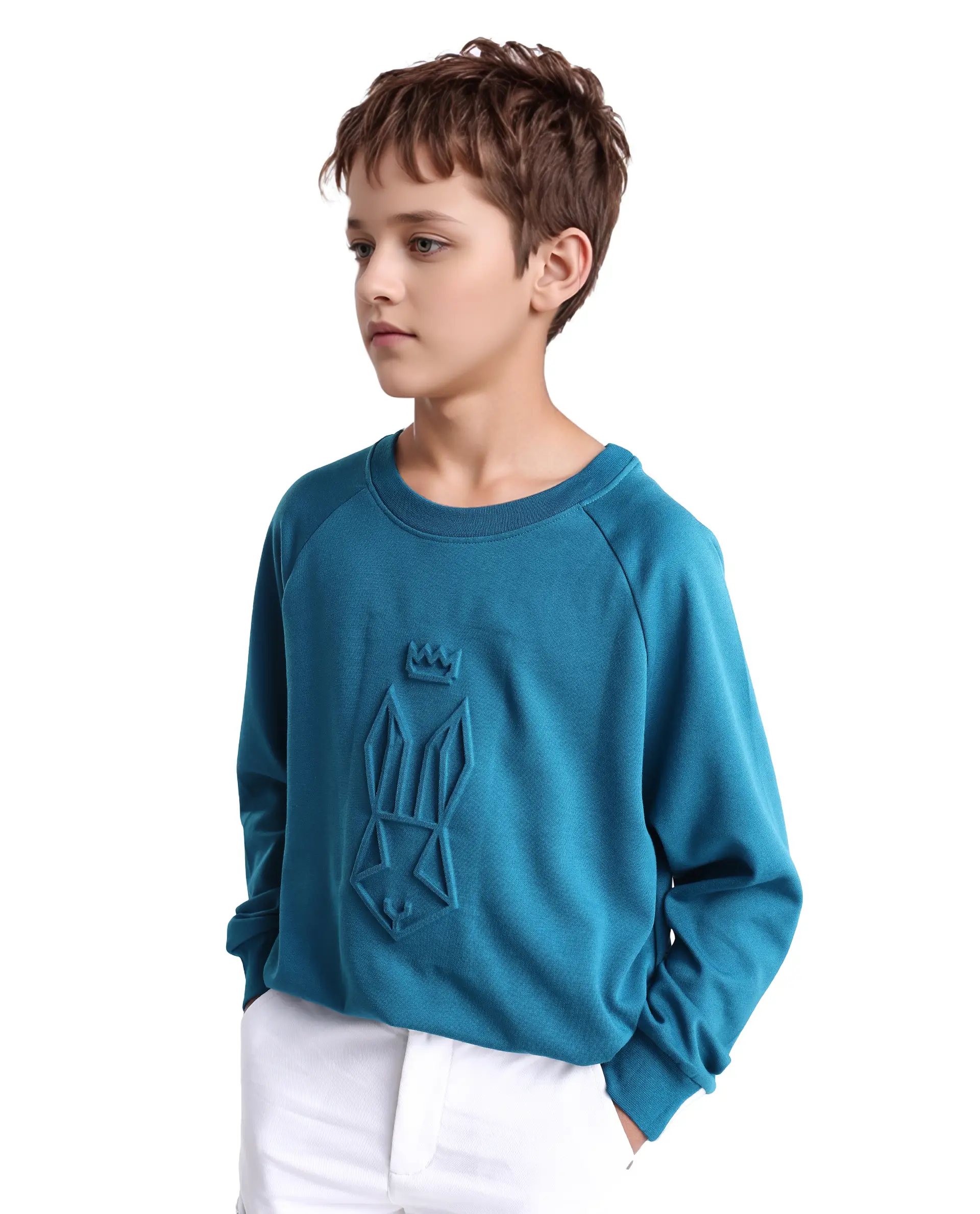 Rare Ones Kids Cadi Teal Cotton Blend Full Sleeves Embossed Oversized Sweatshirt - Image 7