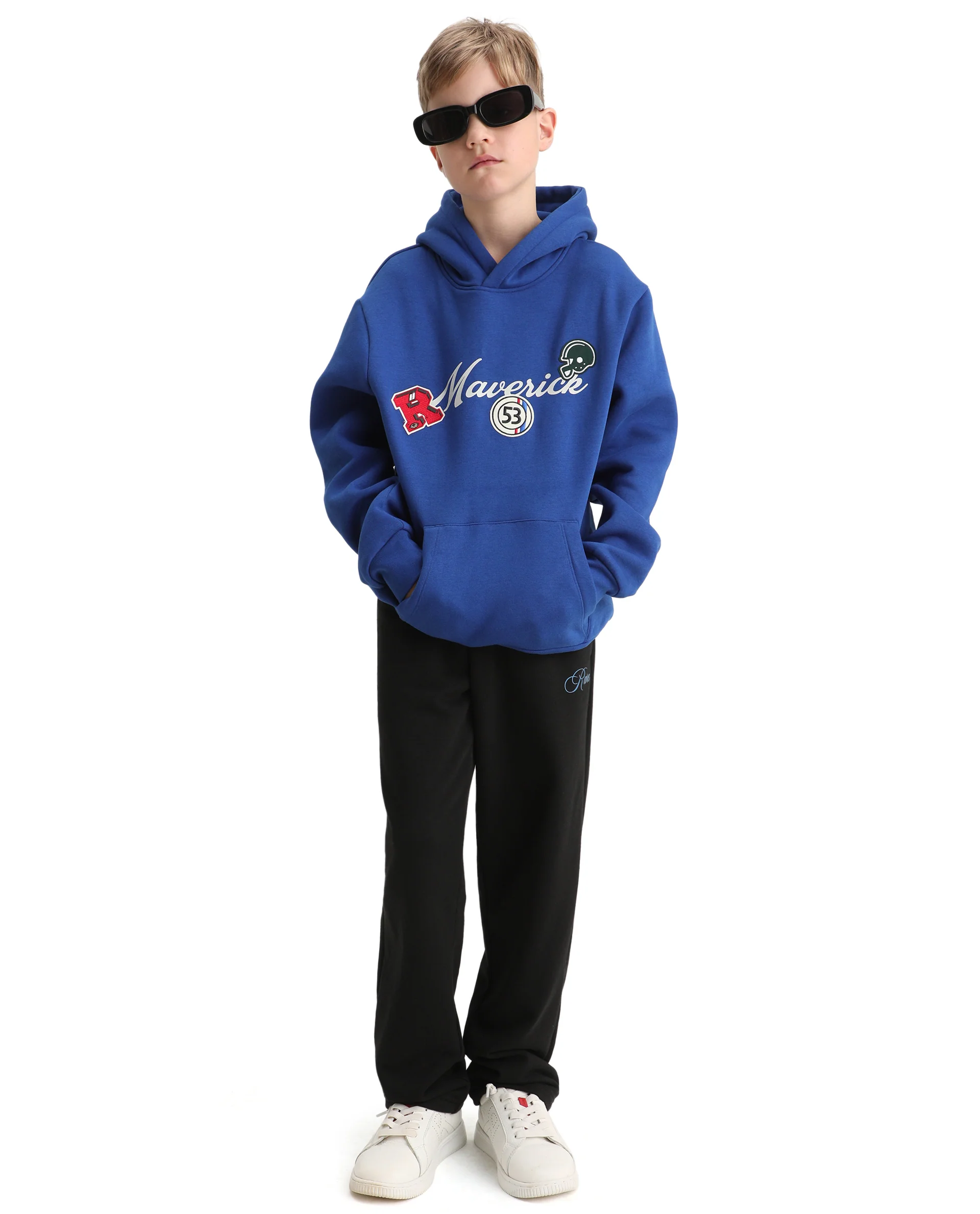 Rare Ones Kids Gino Dark Blue Cotton Blend Hooded Typography Oversized Sweatshirt - Image 7