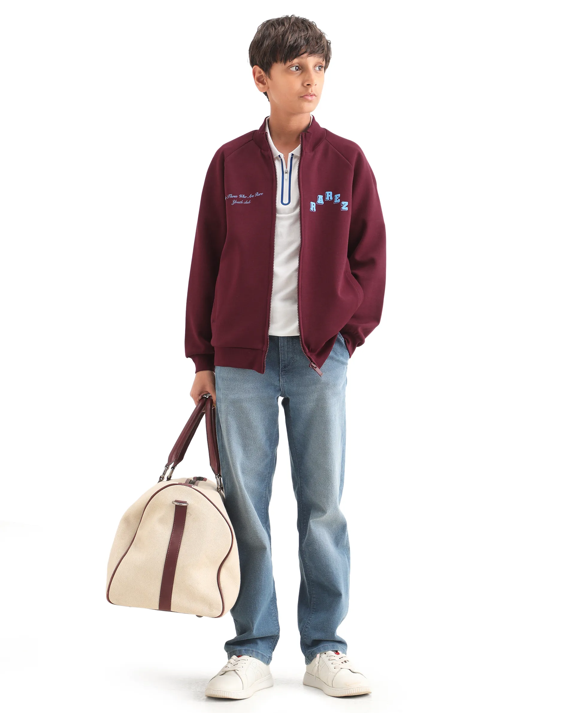 Rare Ones Kids Onyx Maroon Cotton Blend Zipper Closure Solid Full Sleeves Oversized Sweatshirt - Image 2