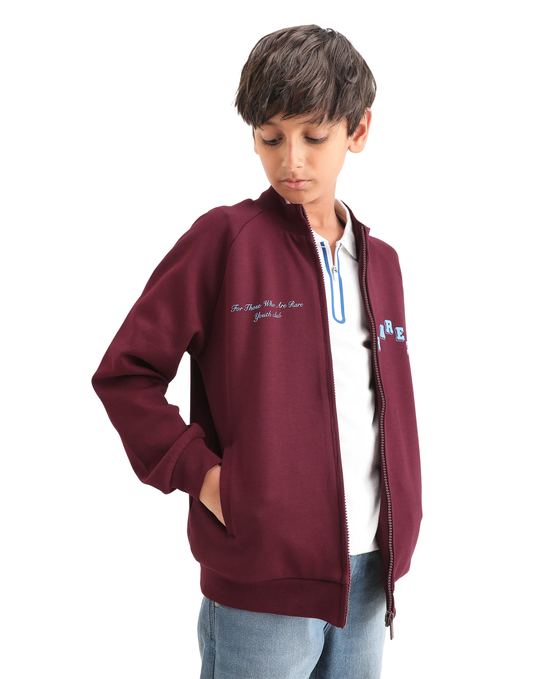 Rare Ones Kids Onyx Maroon Cotton Blend Zipper Closure Solid Full Sleeves Oversized Sweatshirt - Image 5