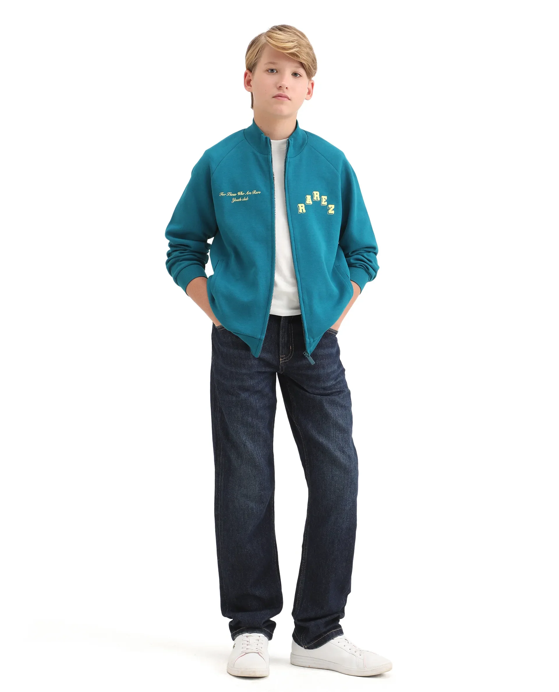Rare Ones Kids Onyx Teal Cotton Blend Zipper Closure Solid Full Sleeves Oversized Sweatshirt - Image 2