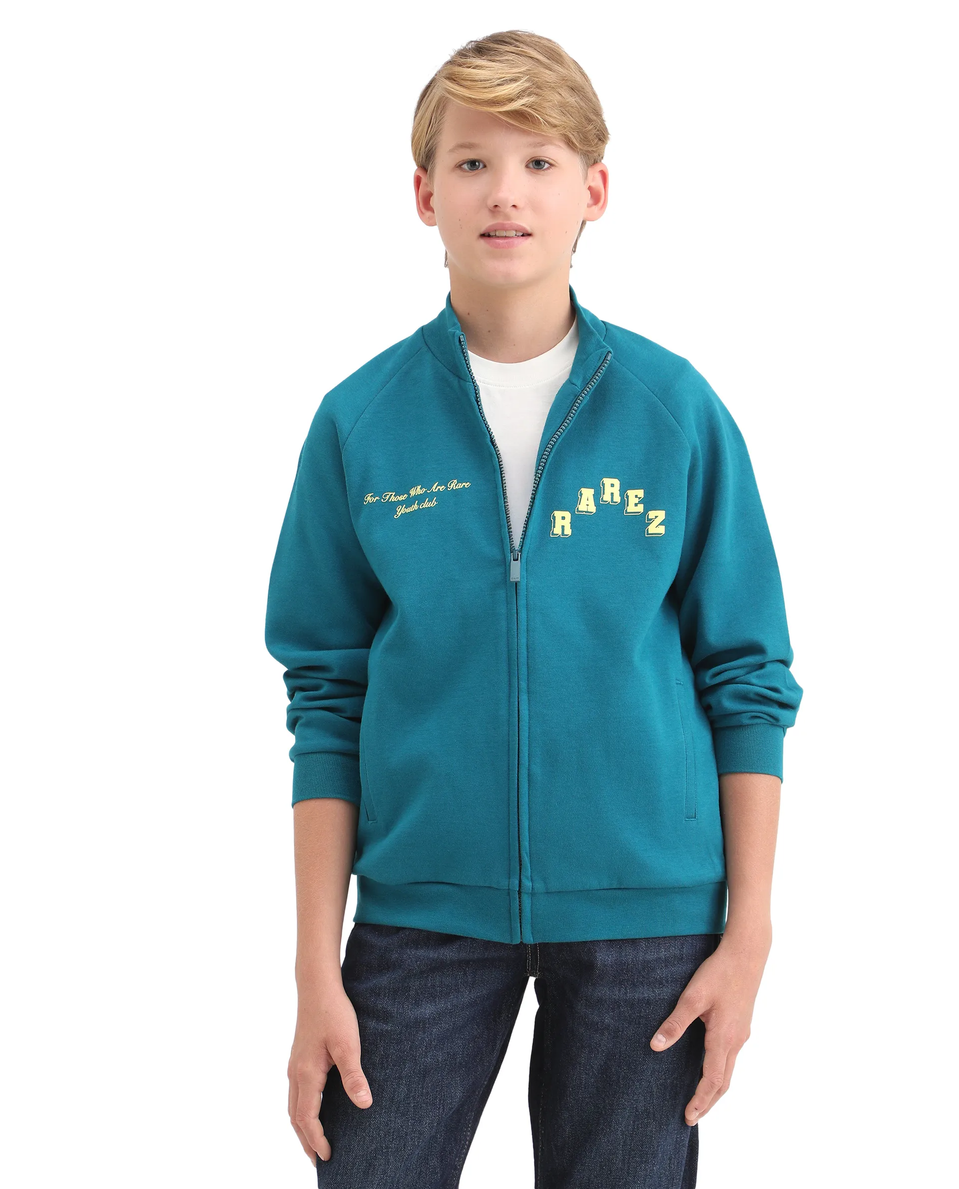 Rare Ones Kids Onyx Teal Cotton Blend Zipper Closure Solid Full Sleeves Oversized Sweatshirt - Image 3
