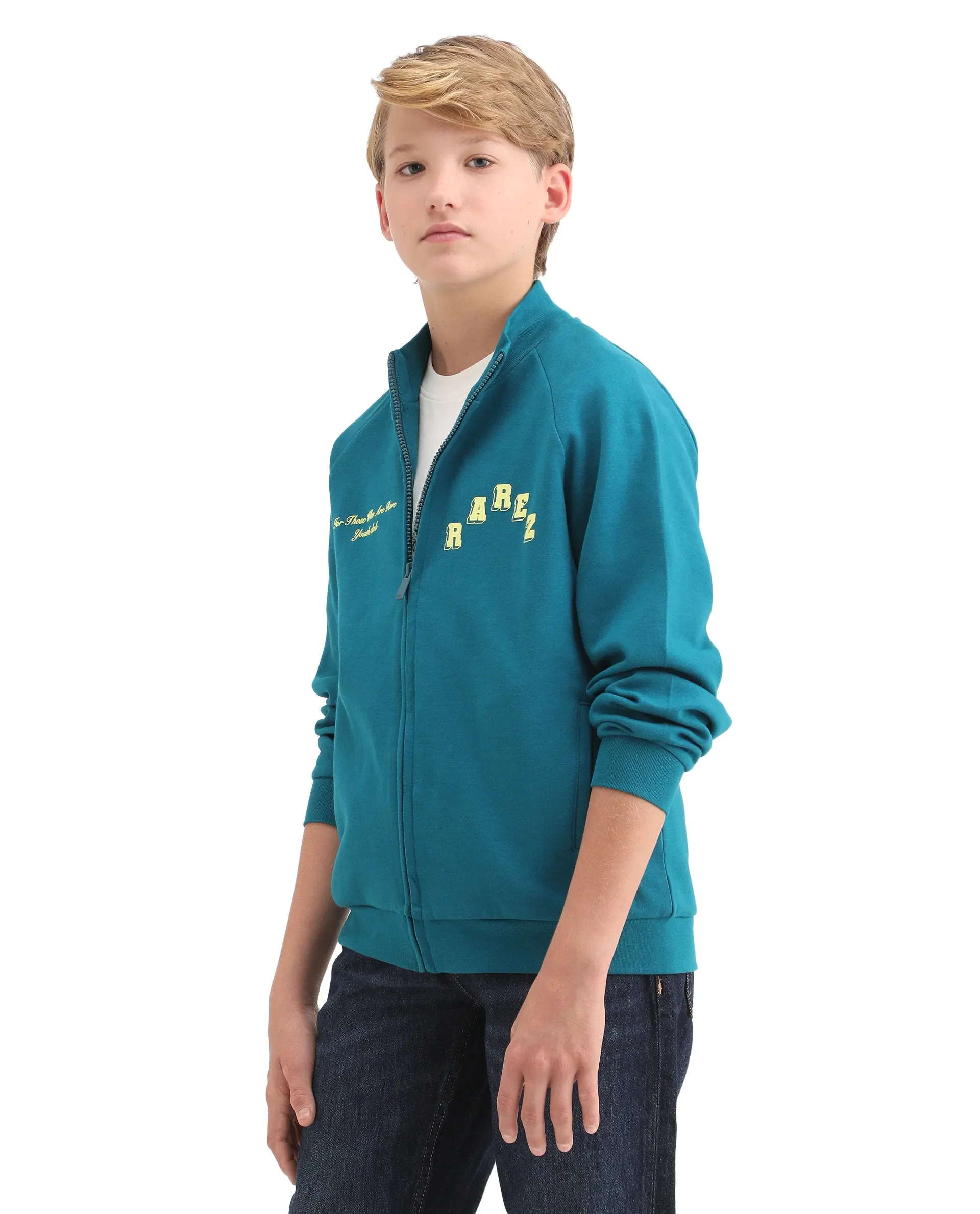 Rare Ones Kids Onyx Teal Cotton Blend Zipper Closure Solid Full Sleeves Oversized Sweatshirt - Image 6