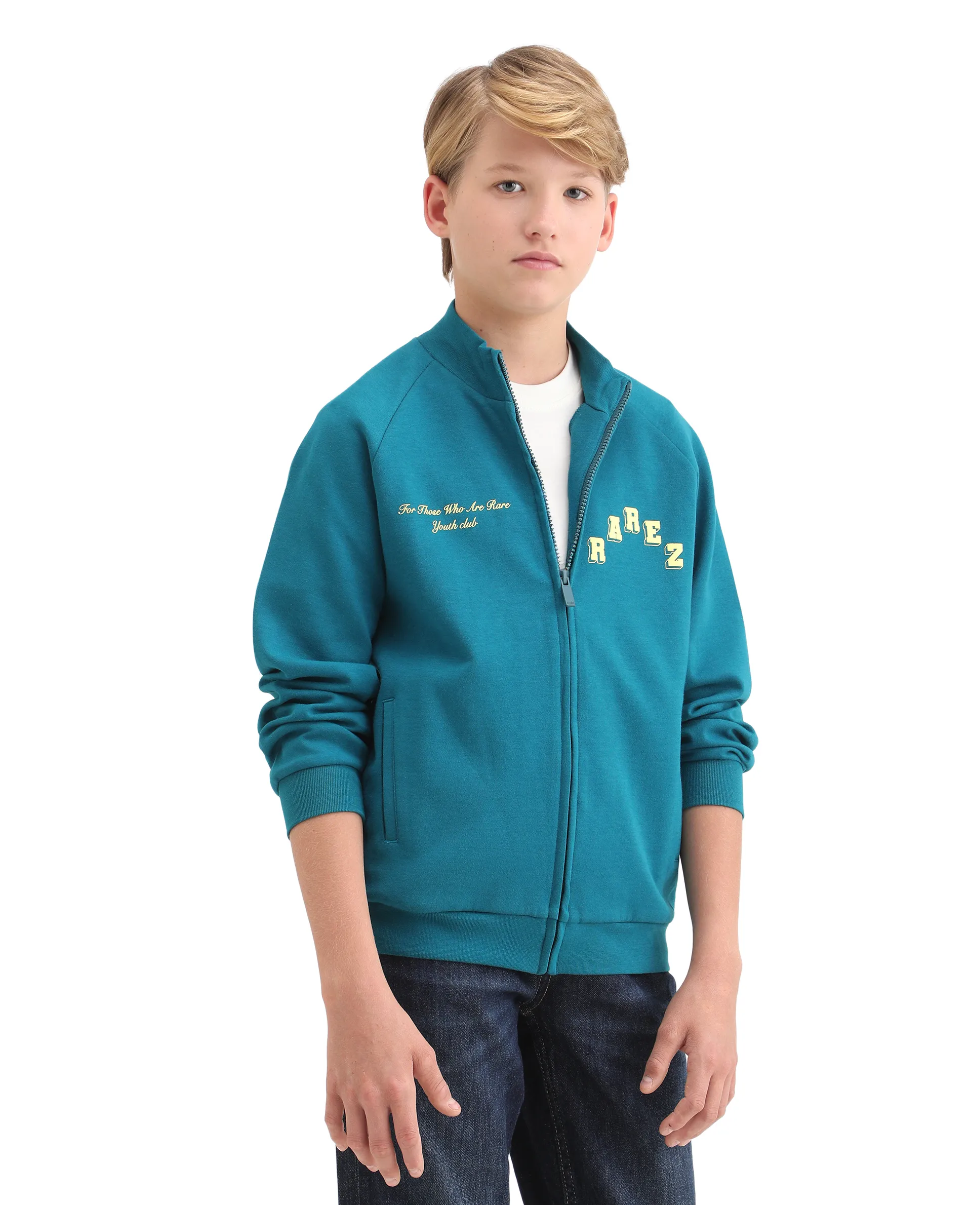 Rare Ones Kids Onyx Teal Cotton Blend Zipper Closure Solid Full Sleeves Oversized Sweatshirt - Image 7