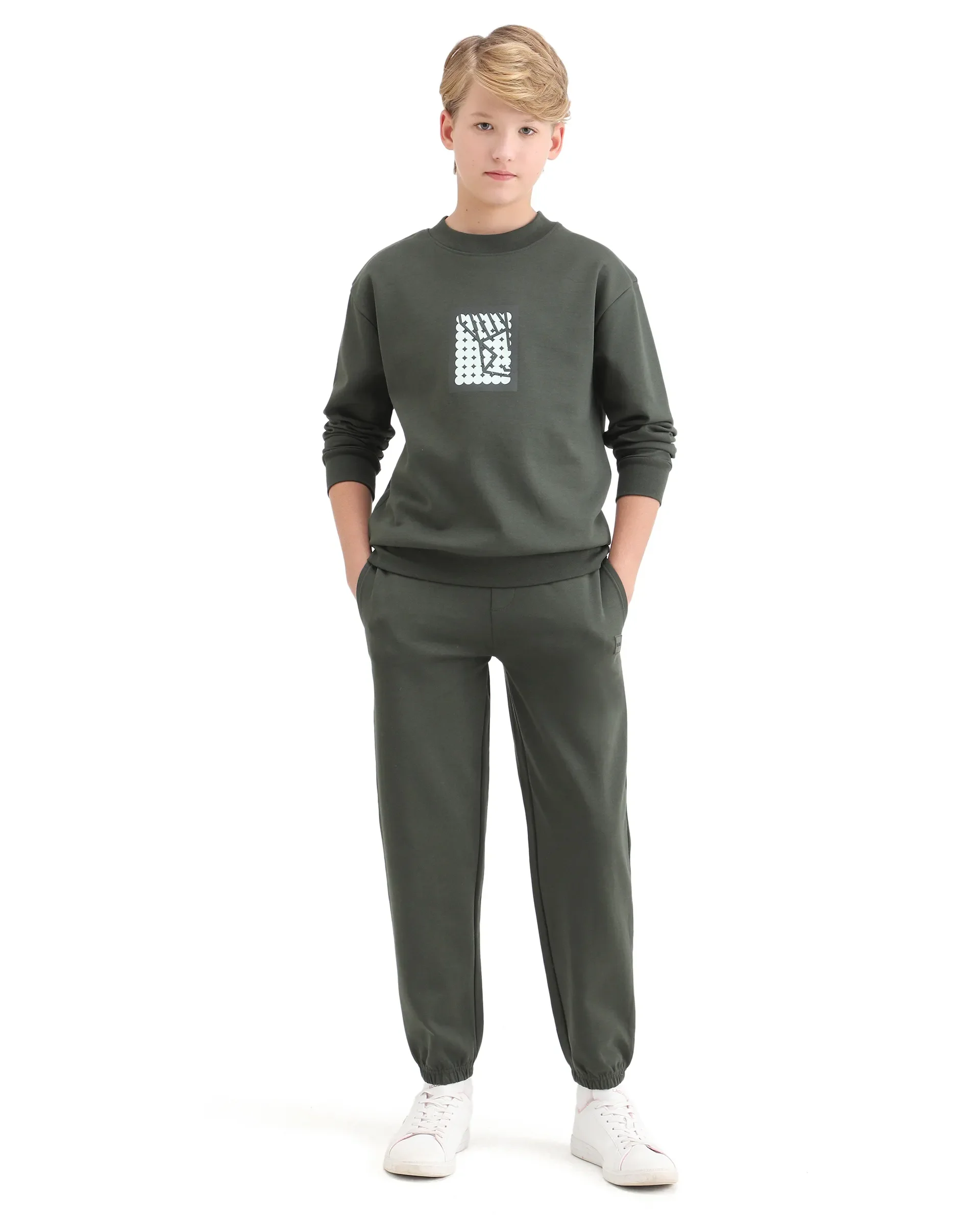 Rare Ones Kids Rune Olive Cotton Blend Pull-On Closure Graphic Printed Full Sleeves Oversized Sweatshirt - Image 2