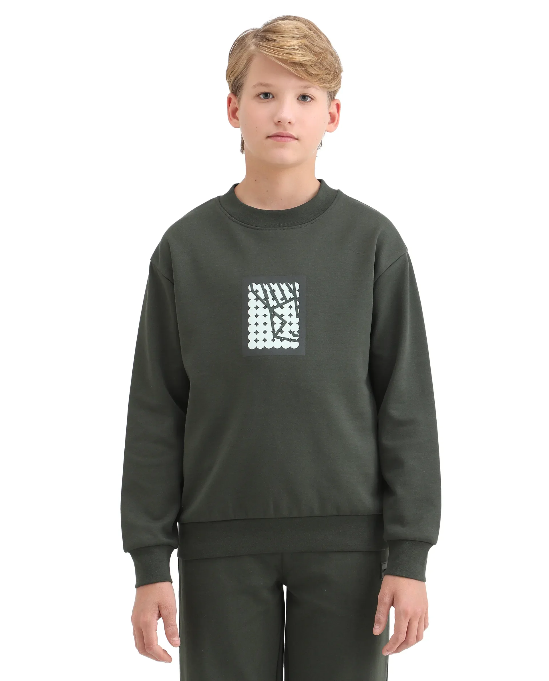 Rare Ones Kids Rune Olive Cotton Blend Pull-On Closure Graphic Printed Full Sleeves Oversized Sweatshirt - Image 3
