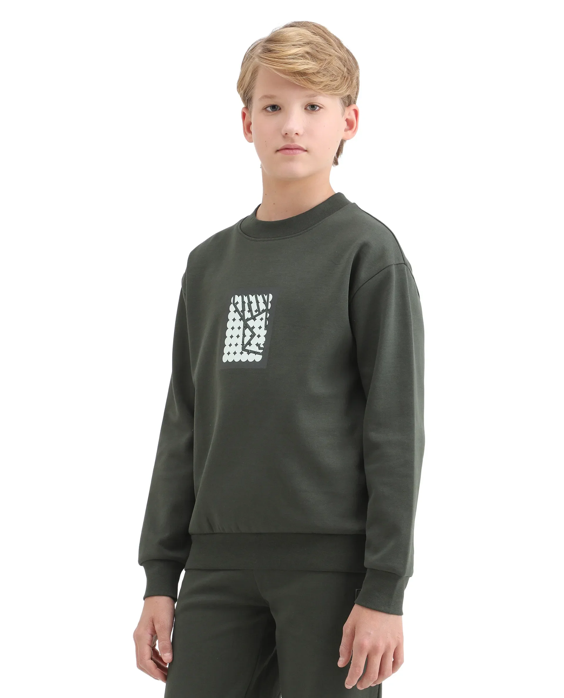 Rare Ones Kids Rune Olive Cotton Blend Pull-On Closure Graphic Printed Full Sleeves Oversized Sweatshirt - Image 6