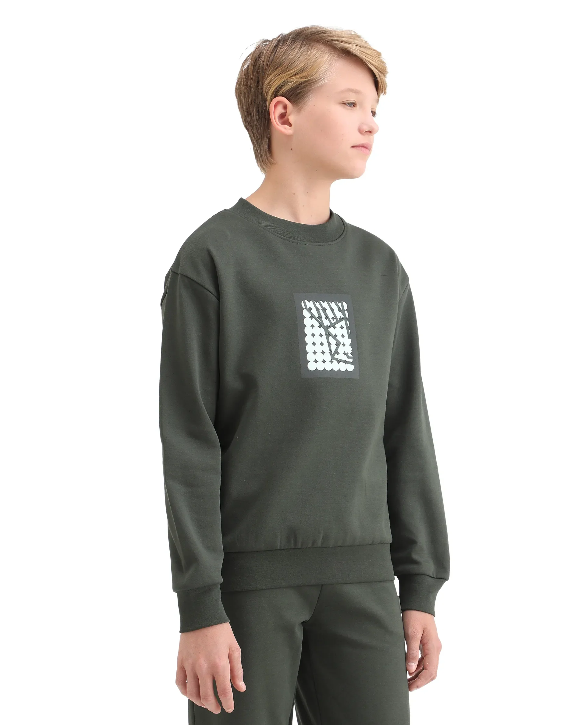 Rare Ones Kids Rune Olive Cotton Blend Pull-On Closure Graphic Printed Full Sleeves Oversized Sweatshirt - Image 7