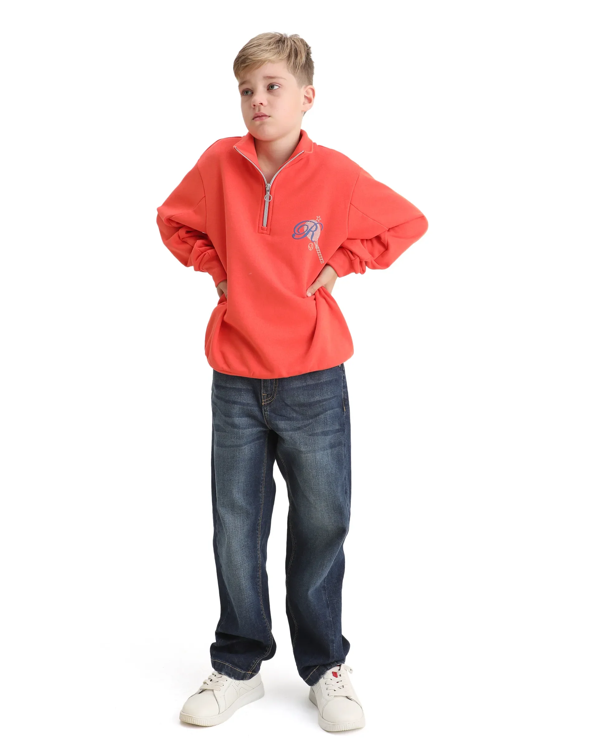 Rare Ones Kids Theo Orange Cotton Pull On Crew Neck Full Sleeves Fit Sweatshirt - Image 2