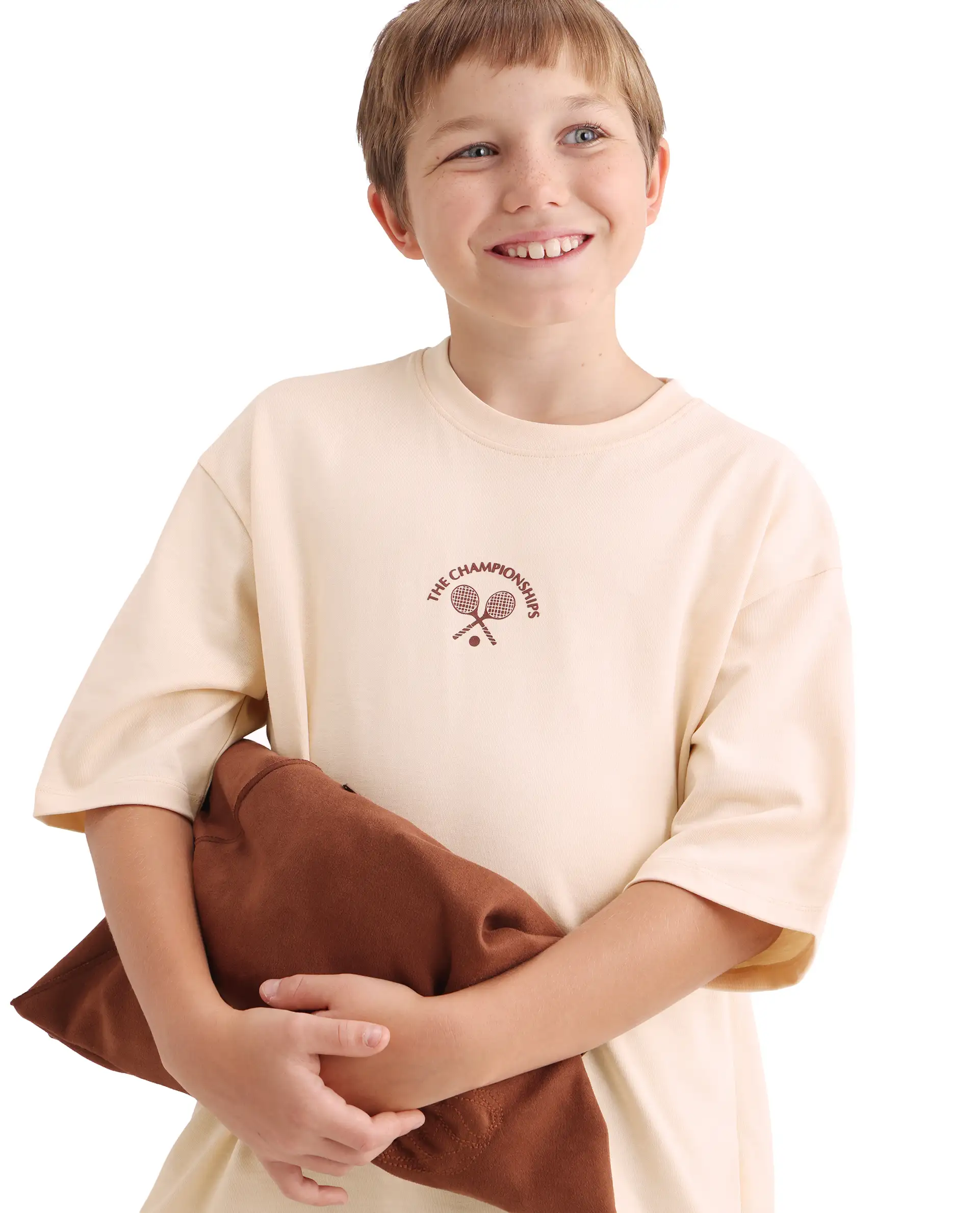 Rare Ones Kids Alca Light Beige Cotton Pull-On Closure Hd Print Oversized Fit T-Shirt