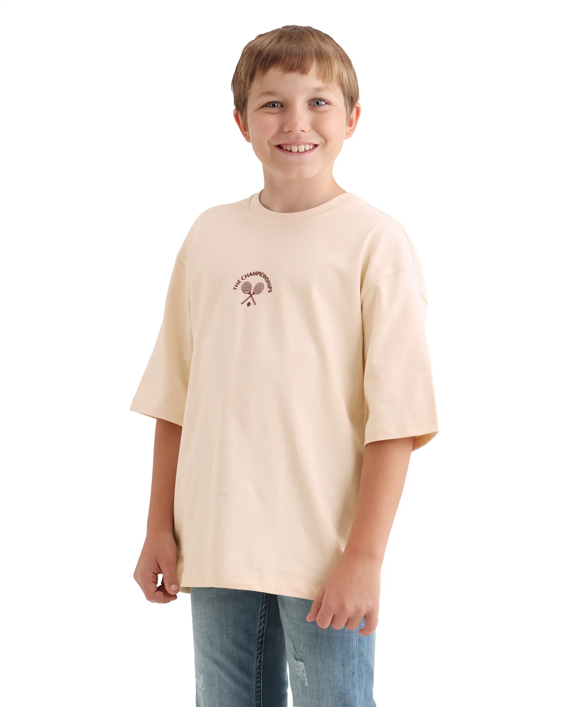 Rare Ones Kids Alca Light Beige Cotton Pull-On Closure Hd Print Oversized Fit T-Shirt - Image 6