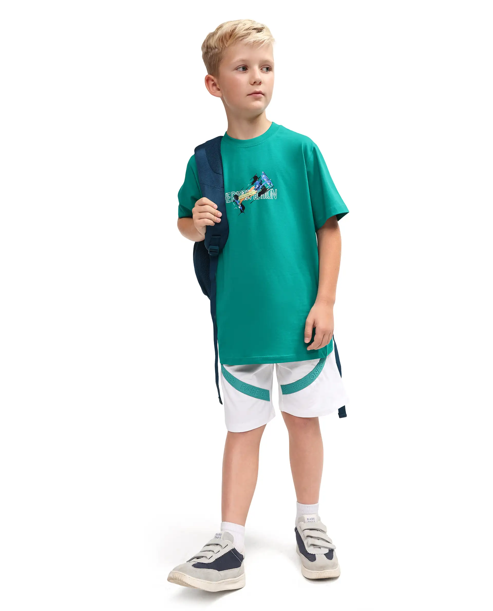 Rare Ones Kids Azur Green Cotton Blend Pull-On Closure Badge Applique Regular Fit T-Shirt - Image 2