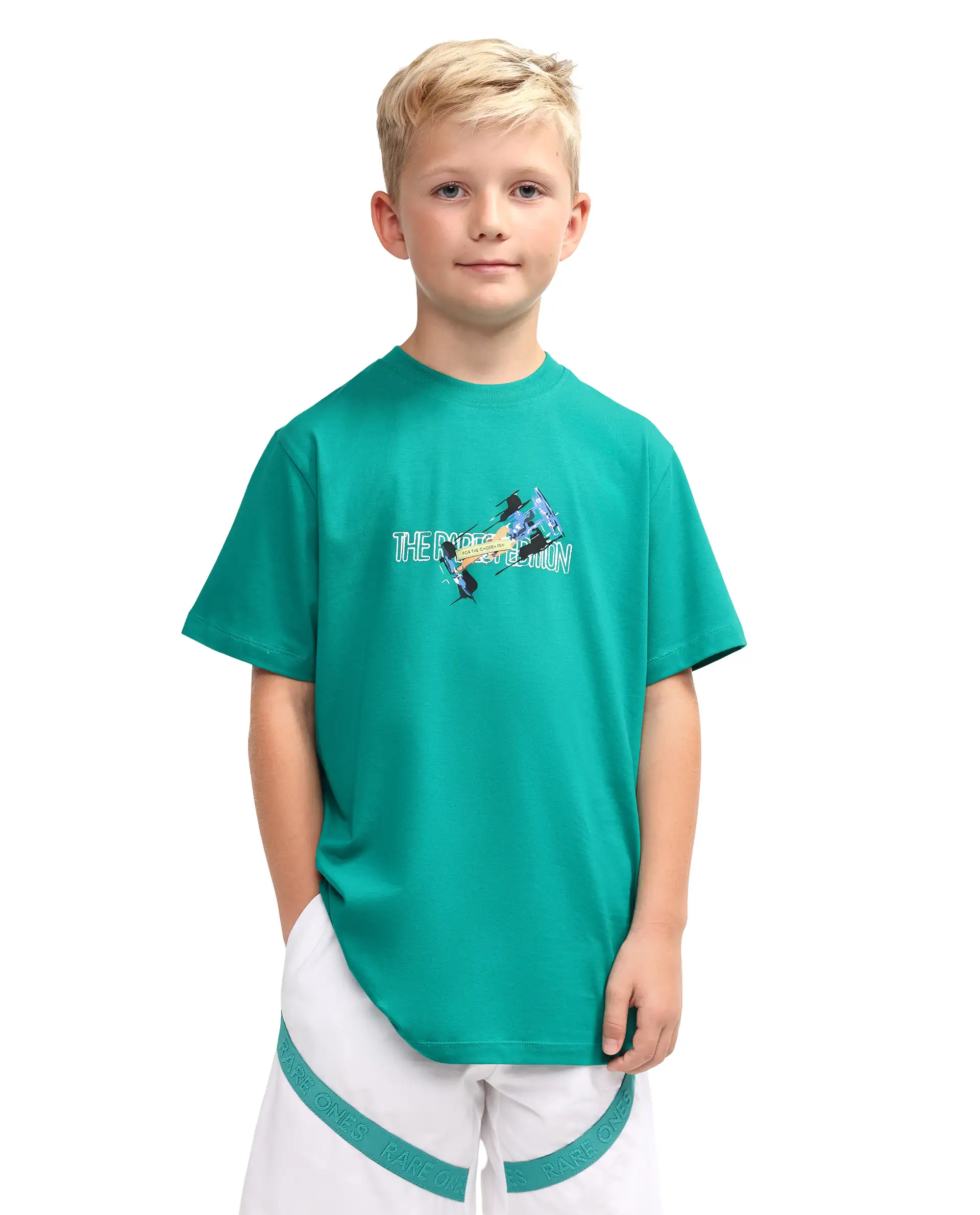 Rare Ones Kids Azur Green Cotton Blend Pull-On Closure Badge Applique Regular Fit T-Shirt - Image 4