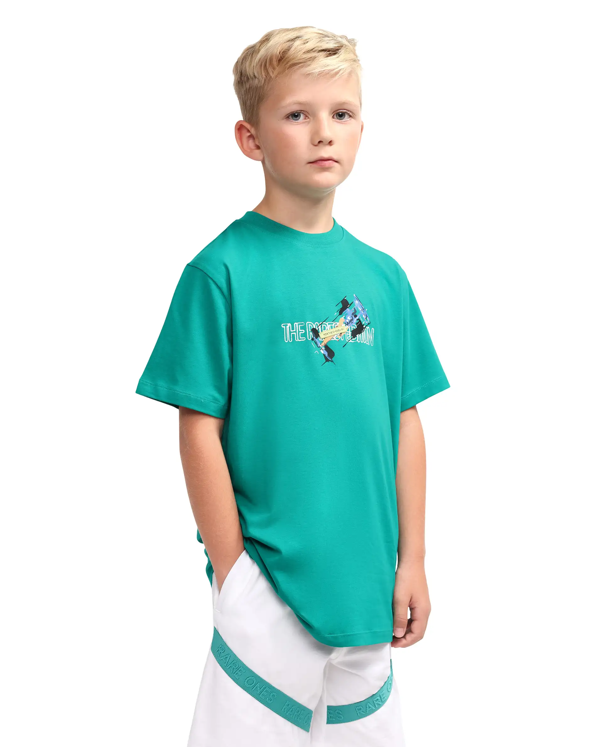 Rare Ones Kids Azur Green Cotton Blend Pull-On Closure Badge Applique Regular Fit T-Shirt - Image 5