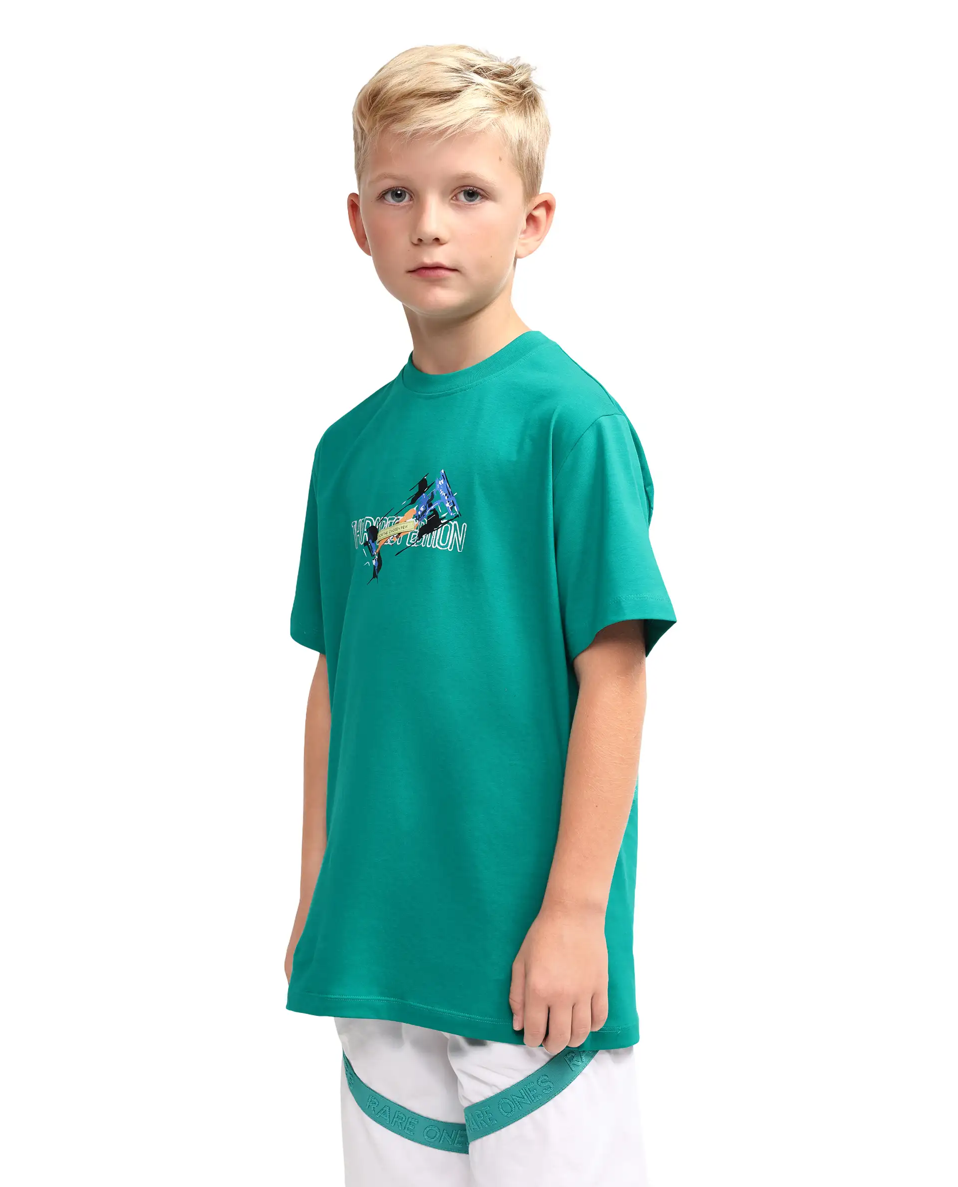 Rare Ones Kids Azur Green Cotton Blend Pull-On Closure Badge Applique Regular Fit T-Shirt - Image 6