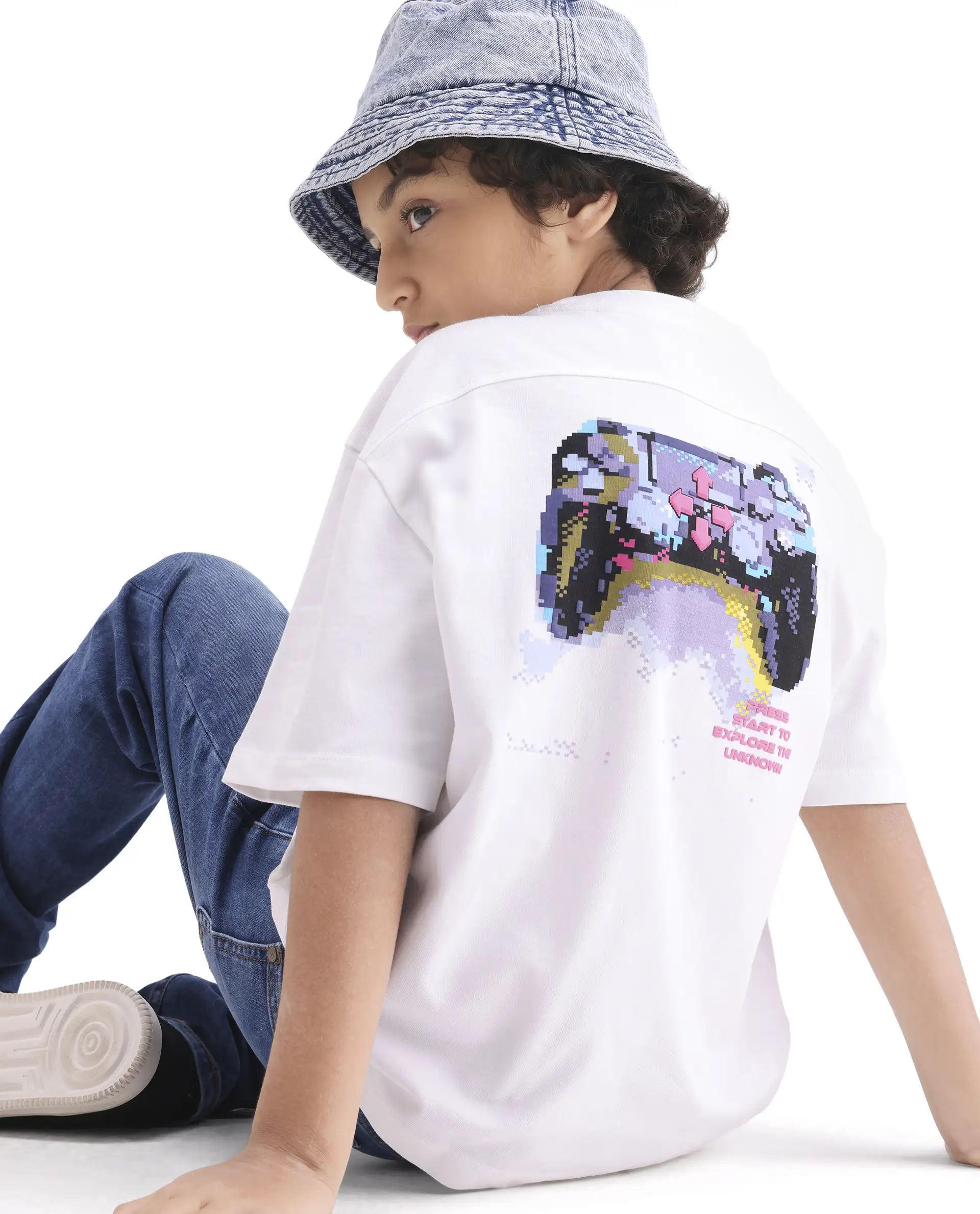 Rare Ones Kids Gamo-26 White Cotton Pull-On Closure Puff Print Boxy Fit T-Shirt