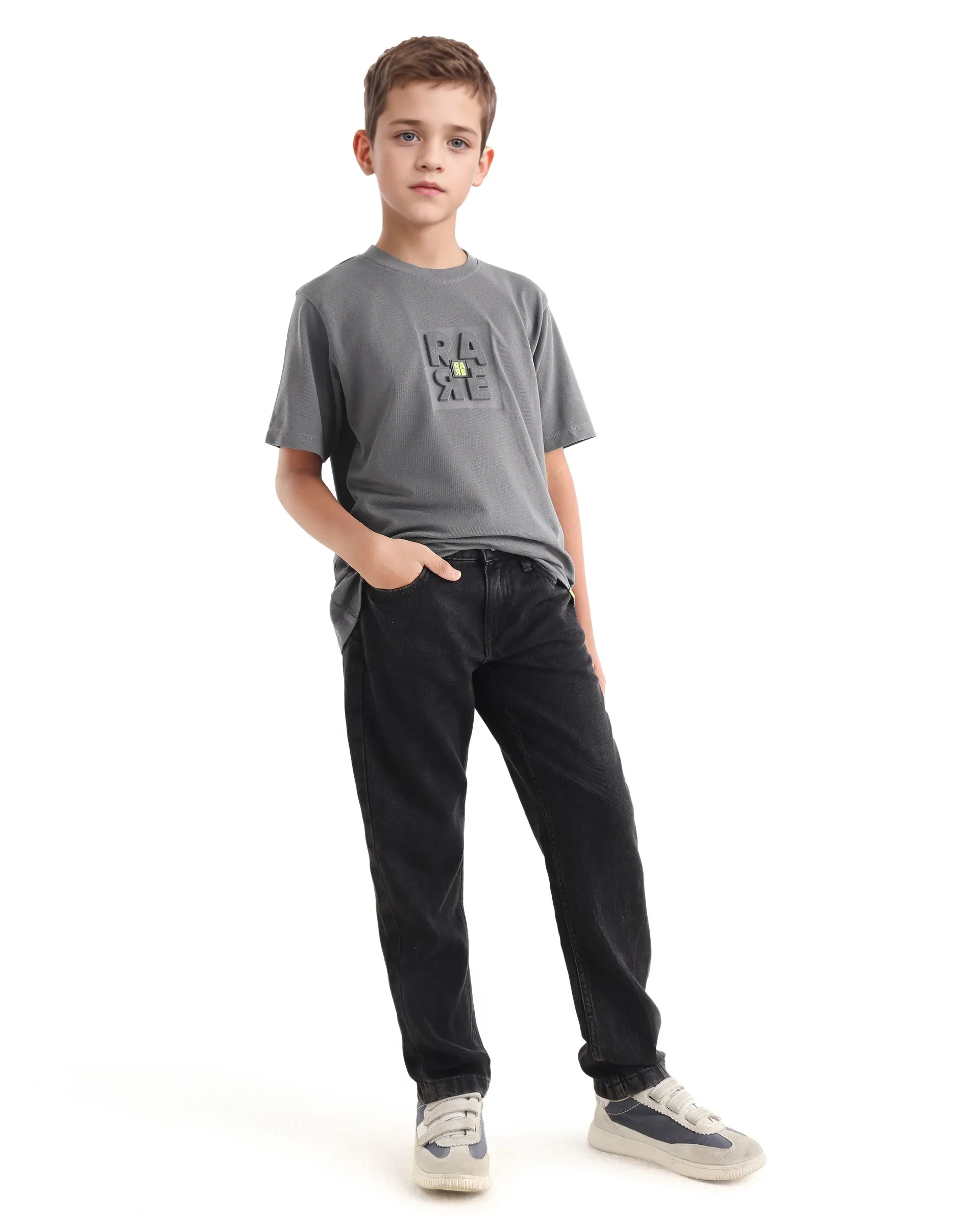 Rare Ones Kids Hiro Dark Grey Cotton Embossed Regular Fit T-Shirt - Image 2