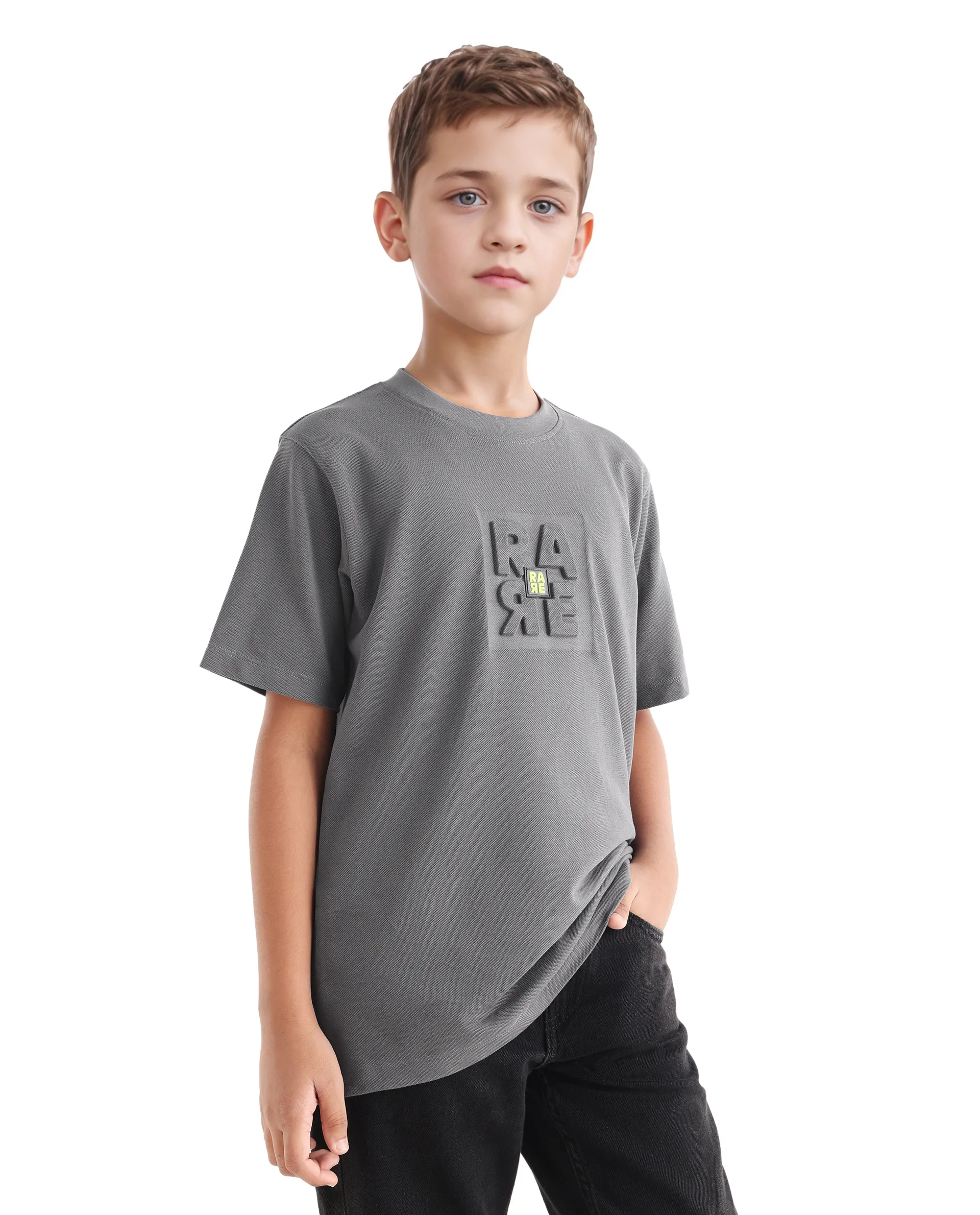Rare Ones Kids Hiro Dark Grey Cotton Embossed Regular Fit T-Shirt - Image 5