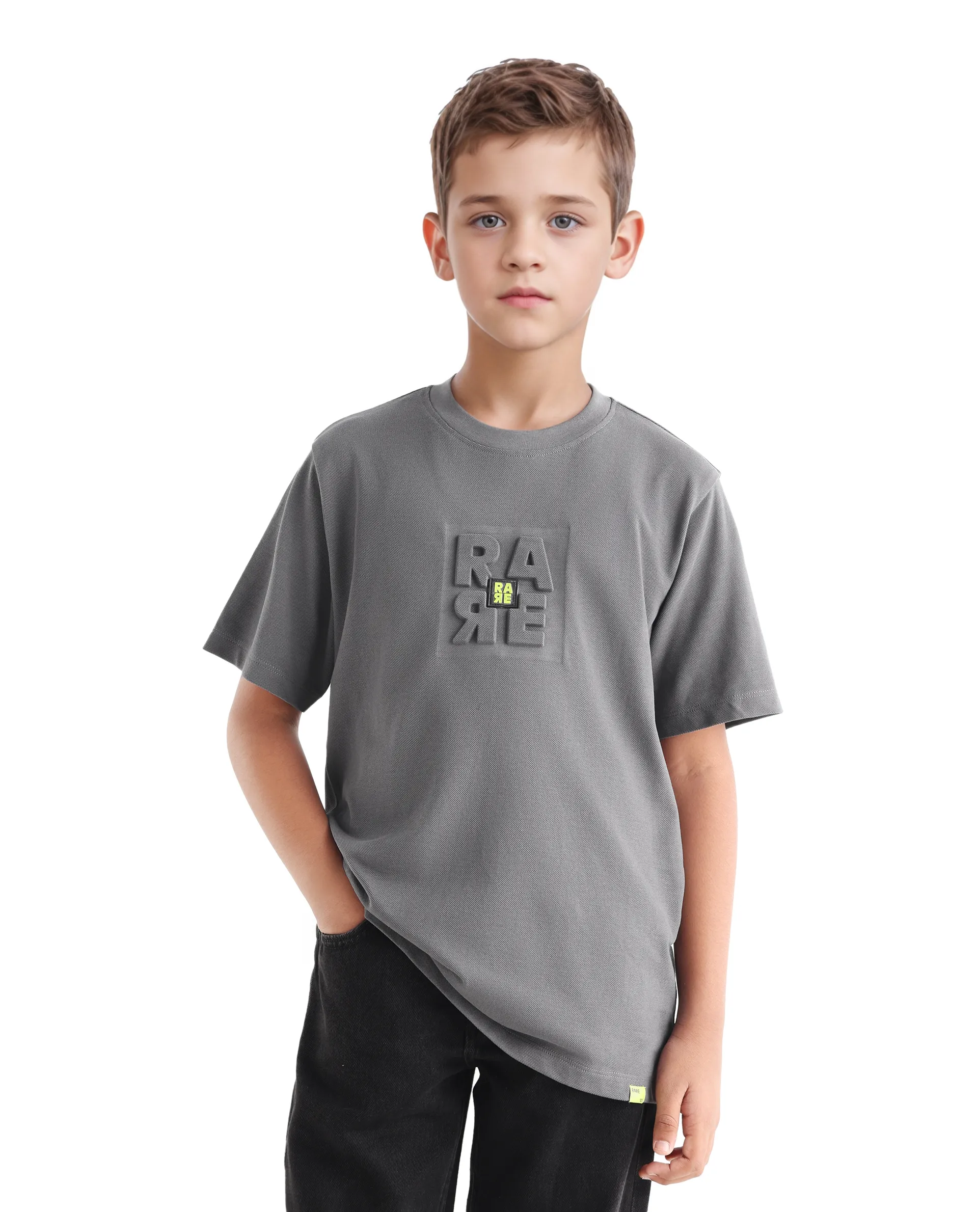 Rare Ones Kids Hiro Dark Grey Cotton Embossed Regular Fit T-Shirt - Image 6