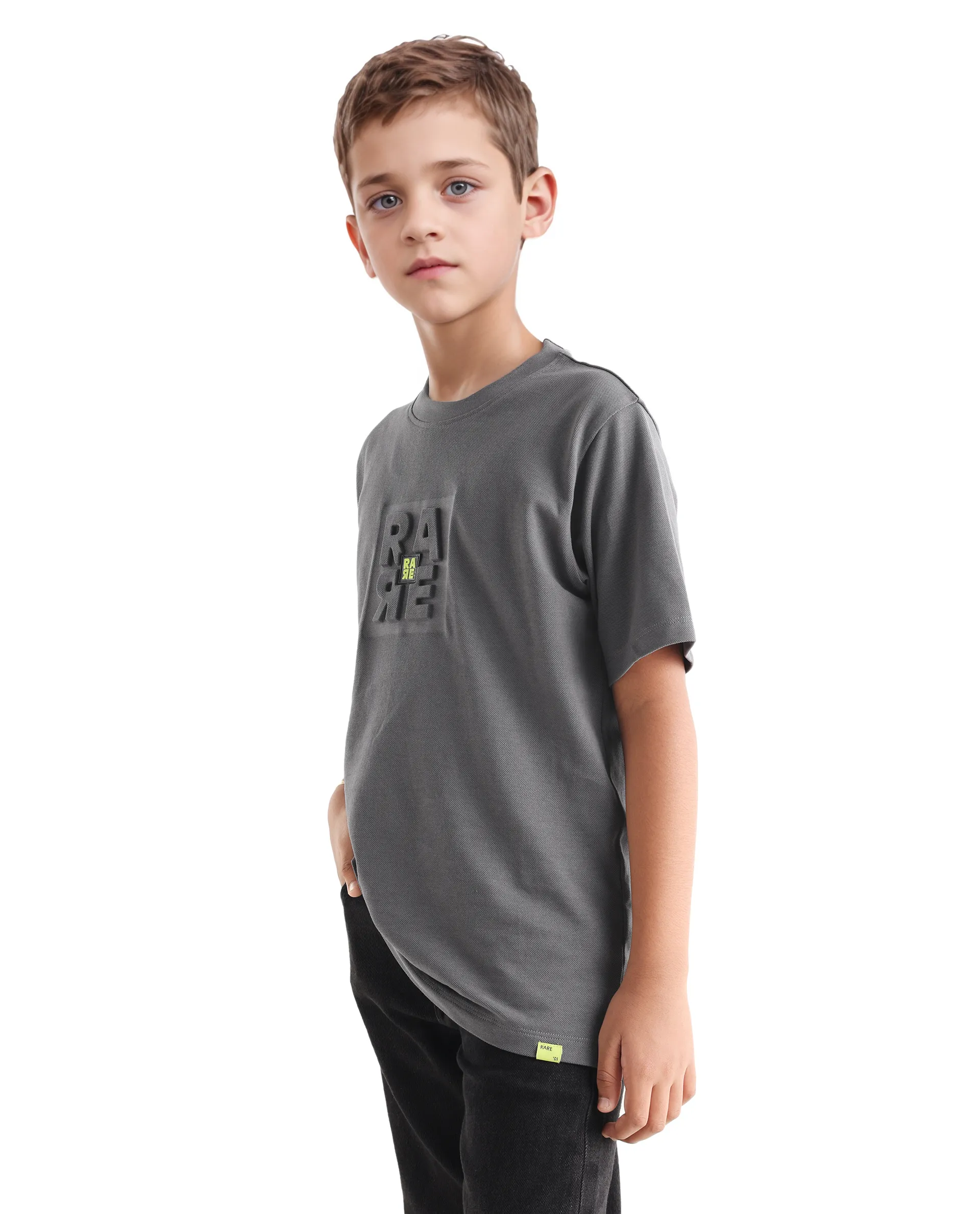 Rare Ones Kids Hiro Dark Grey Cotton Embossed Regular Fit T-Shirt - Image 7