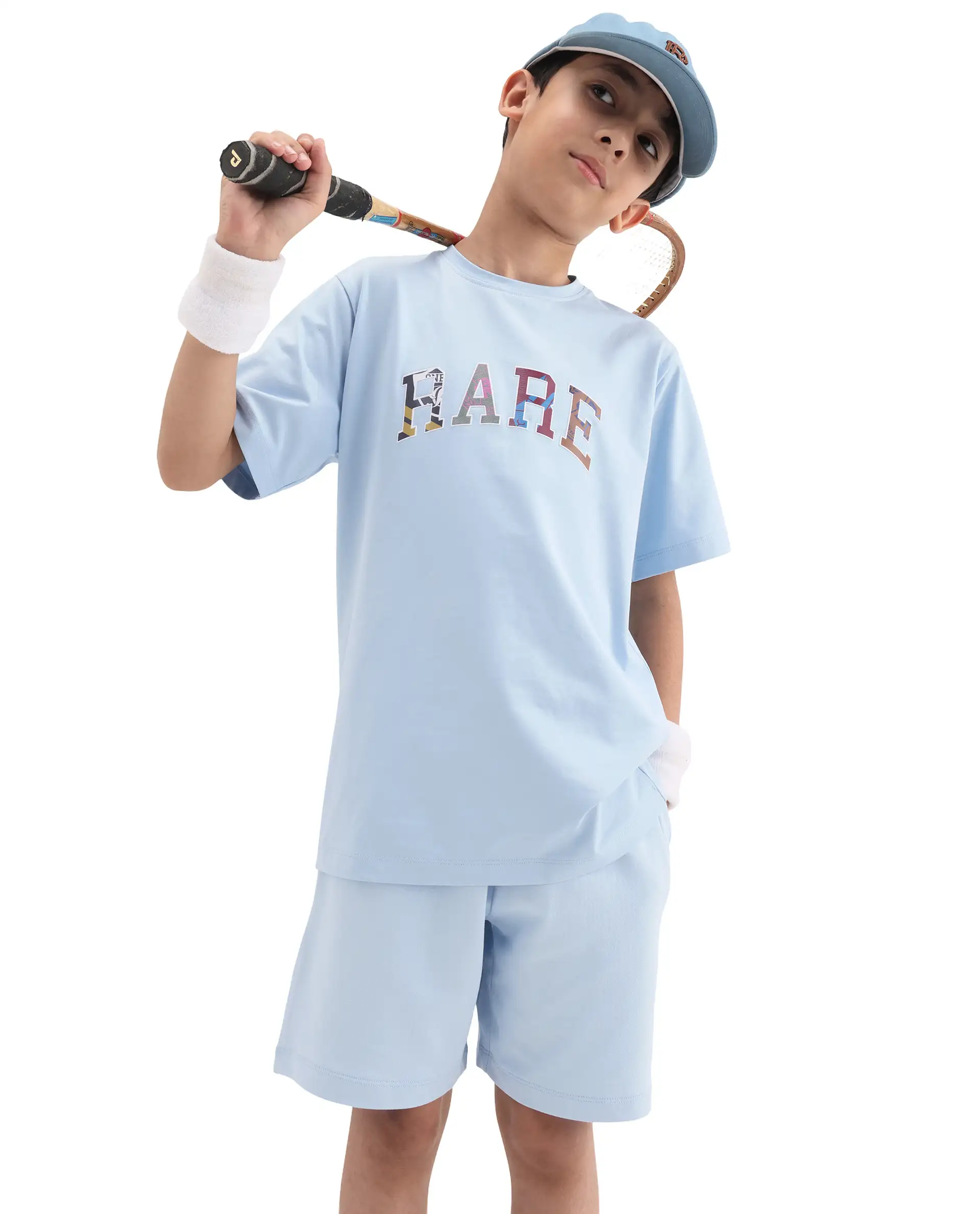 Rare Ones Kids Jonty Pastel Blue Cotton Fabric Pull-On Closure Badge Applique Regular Fit T-Shirt