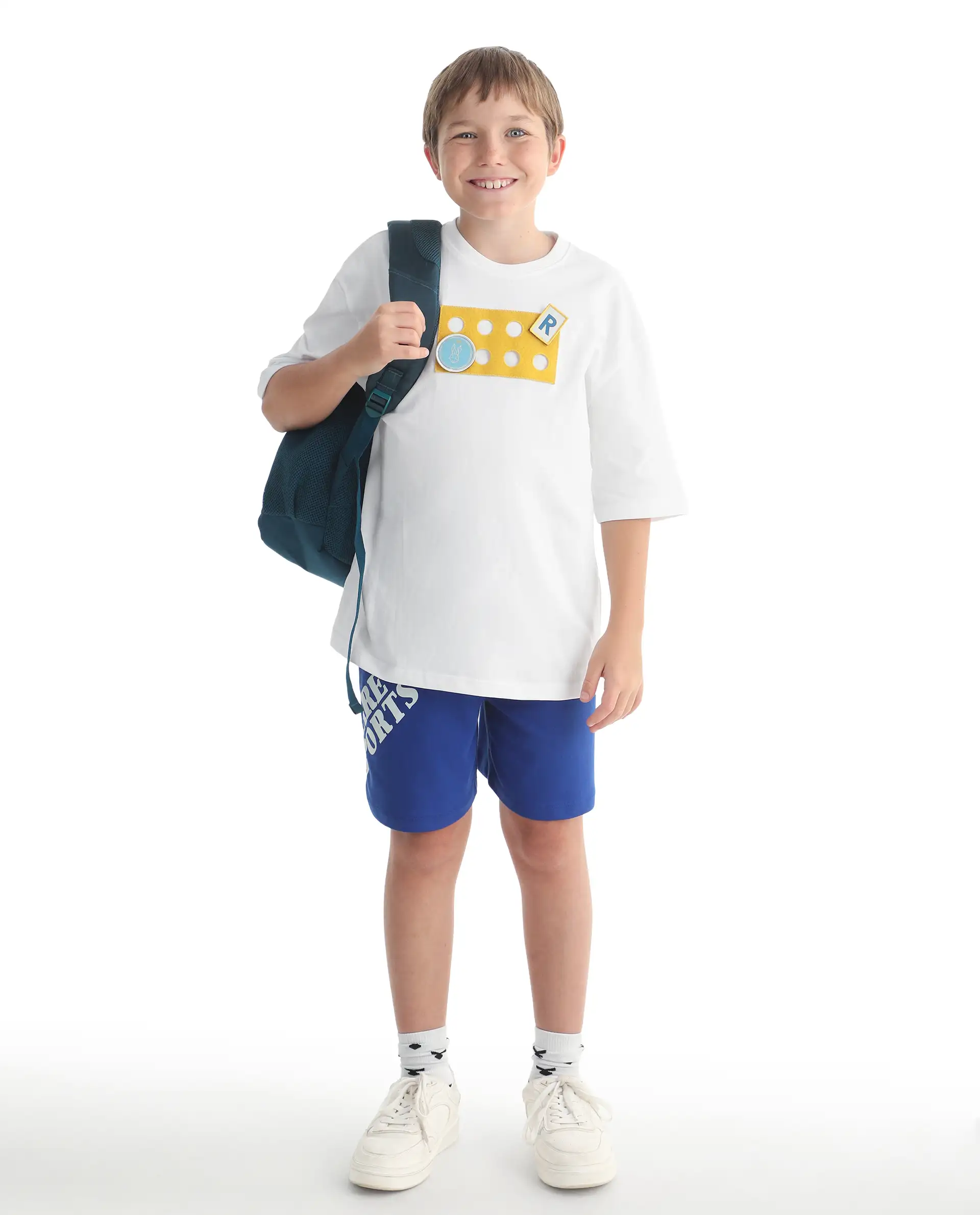 Rare Ones Kids Legun-26 White Cotton Pull-On Closure Badge Applique Oversized Fit T-Shirt - Image 2