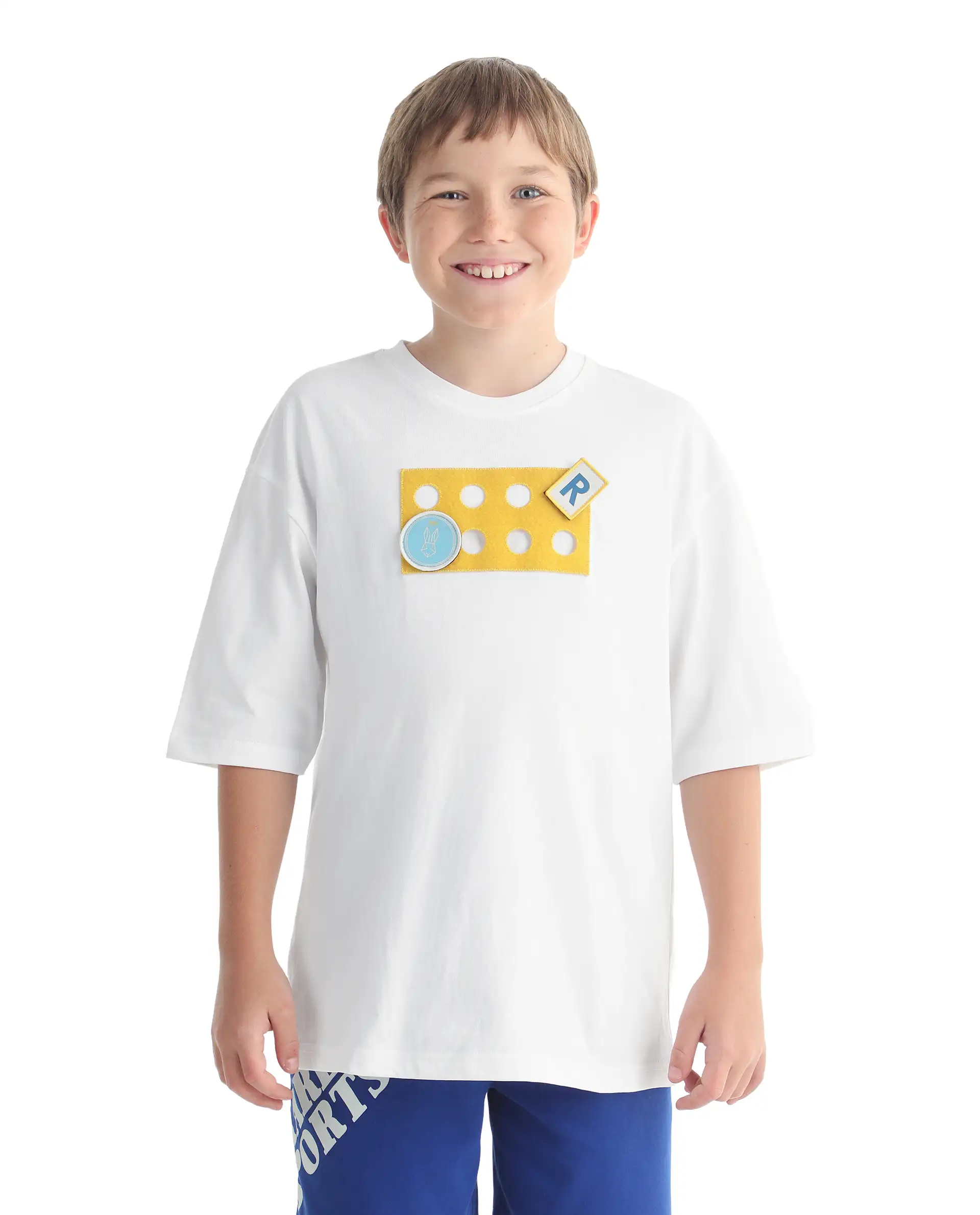 Rare Ones Kids Legun-26 White Cotton Pull-On Closure Badge Applique Oversized Fit T-Shirt - Image 4