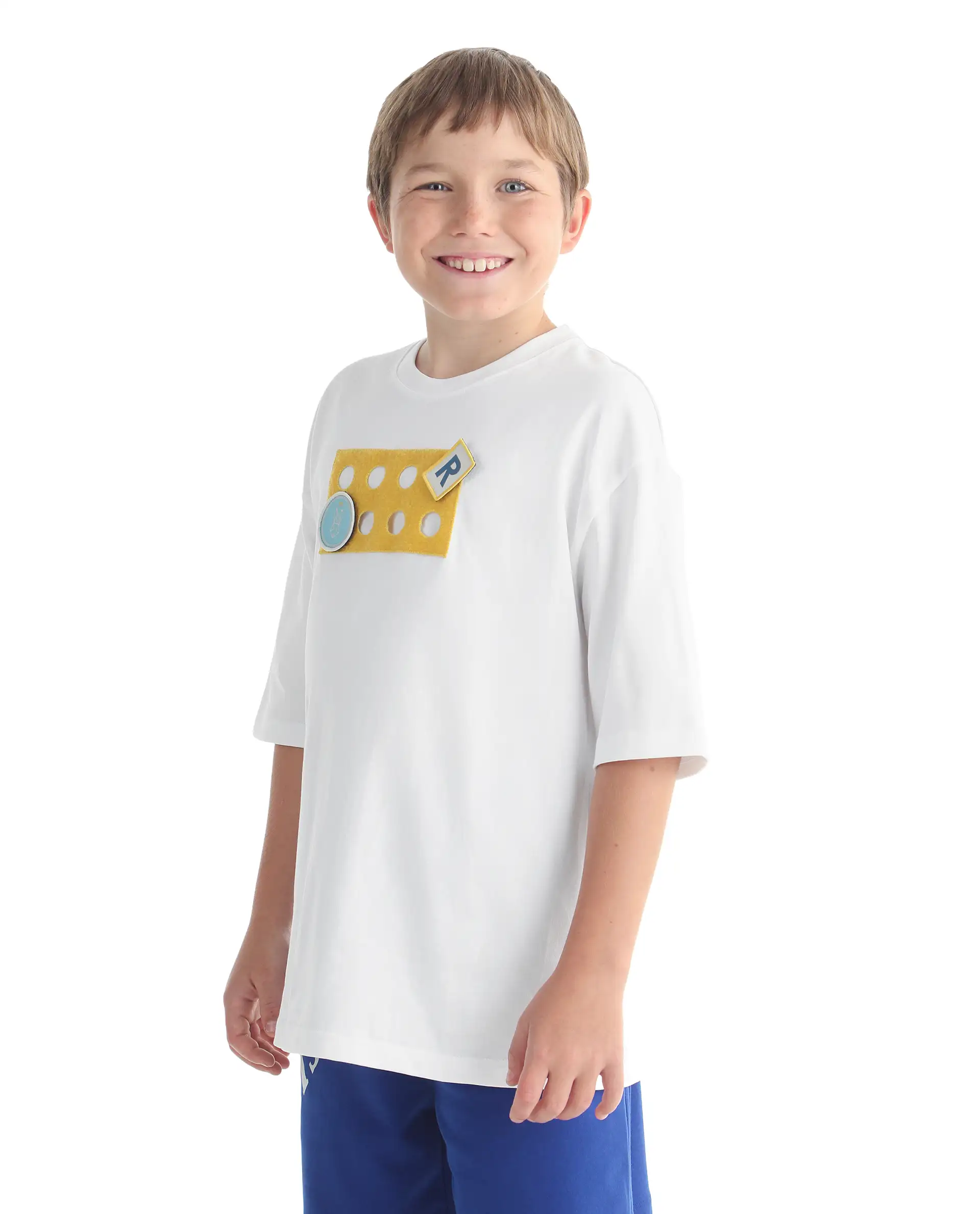 Rare Ones Kids Legun-26 White Cotton Pull-On Closure Badge Applique Oversized Fit T-Shirt - Image 5