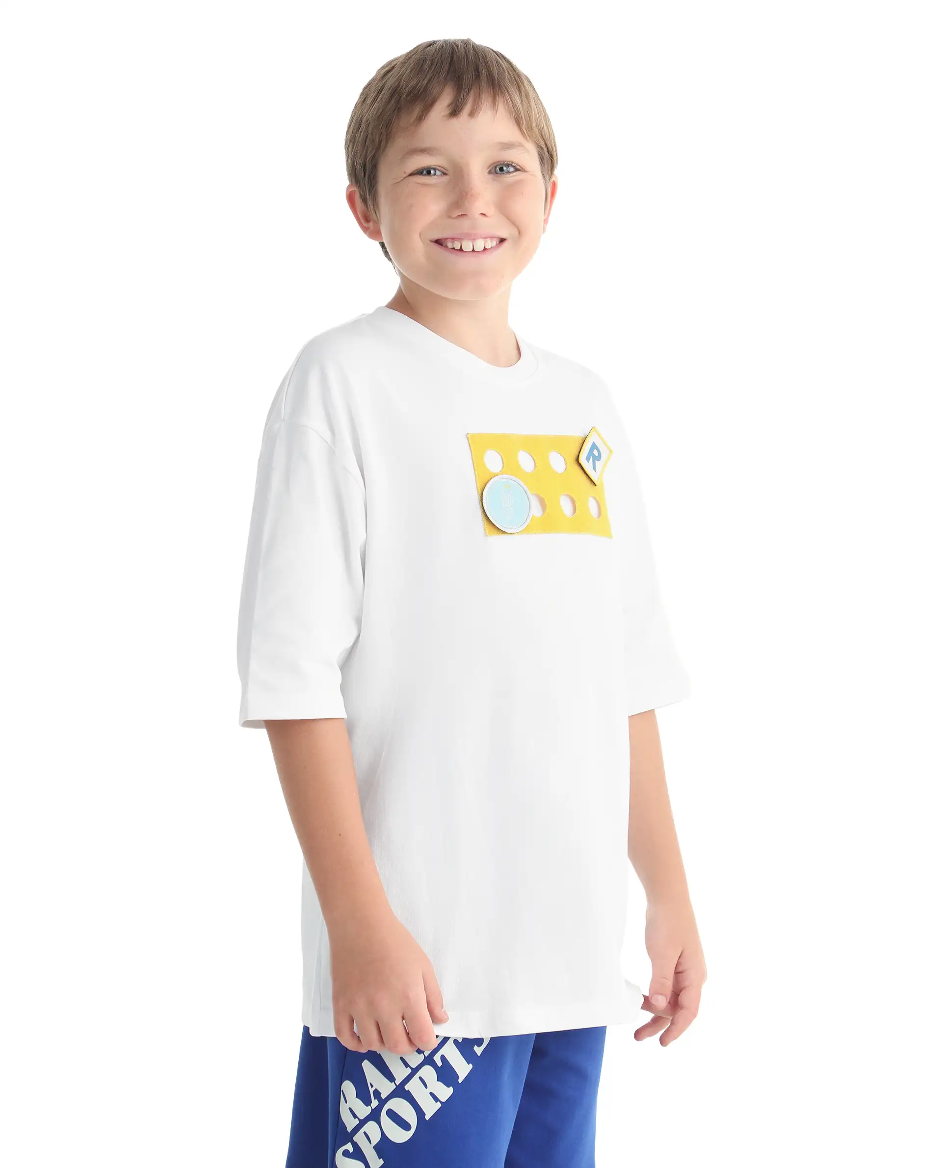Rare Ones Kids Legun-26 White Cotton Pull-On Closure Badge Applique Oversized Fit T-Shirt - Image 6