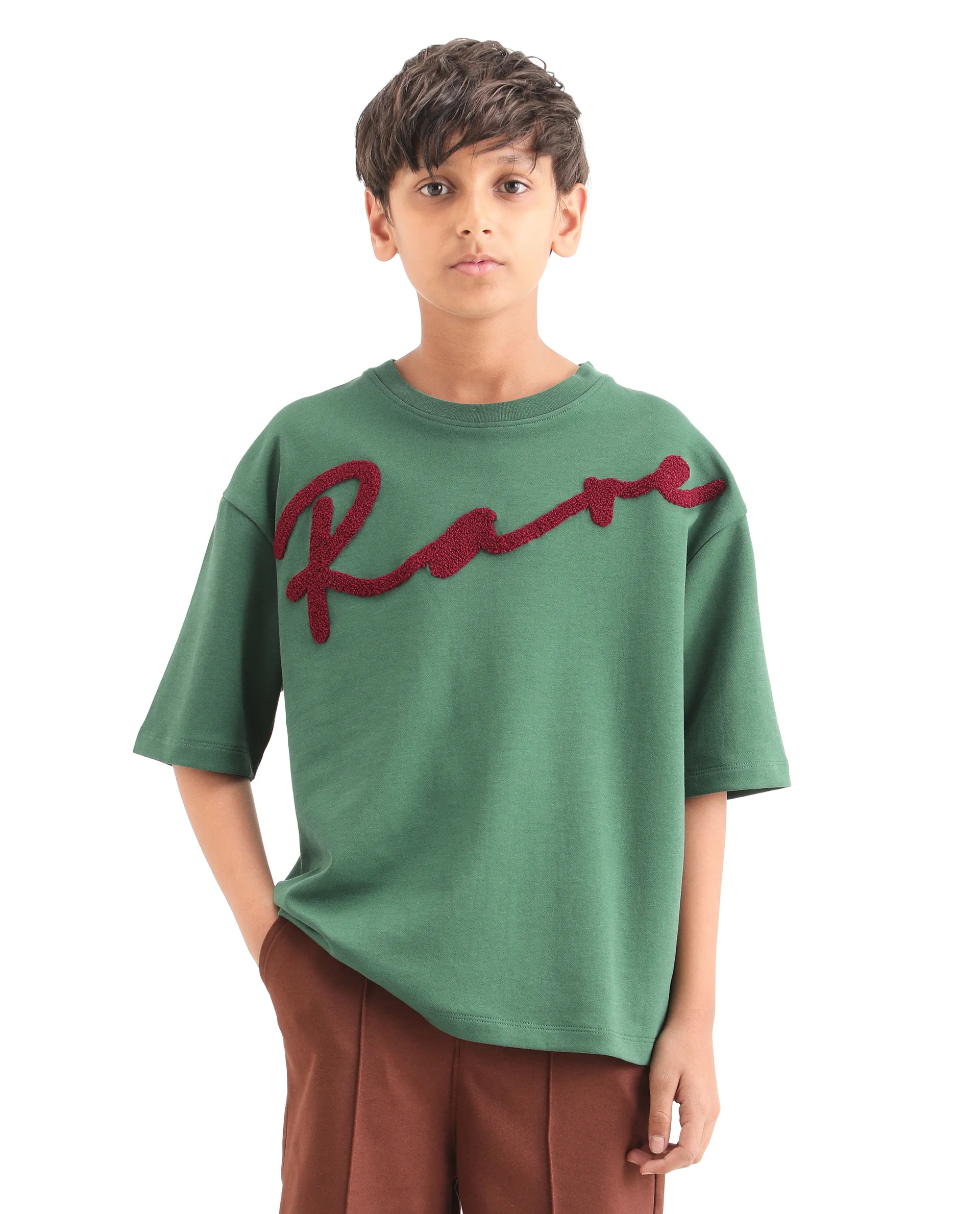 Rare Ones Kids Lerc-K Green Cotton Blend Fabric Pull-On Closure Terry Embroidery Oversized Fit T-Shirt - Image 3