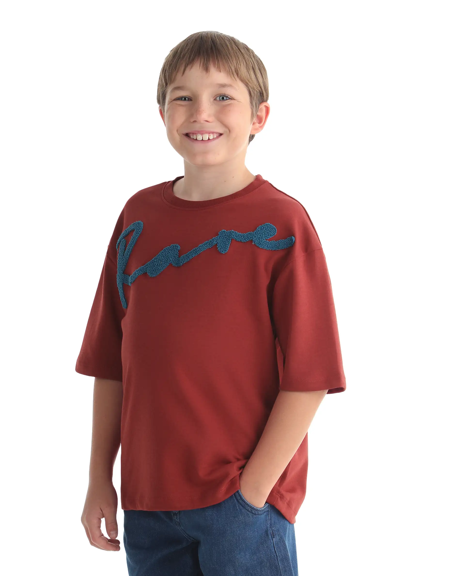 Rare Ones Kids Lerc-K Red Cotton Blend Fabric Pull-On Closure Terry Embroidery Oversized Fit T-Shirt - Image 7